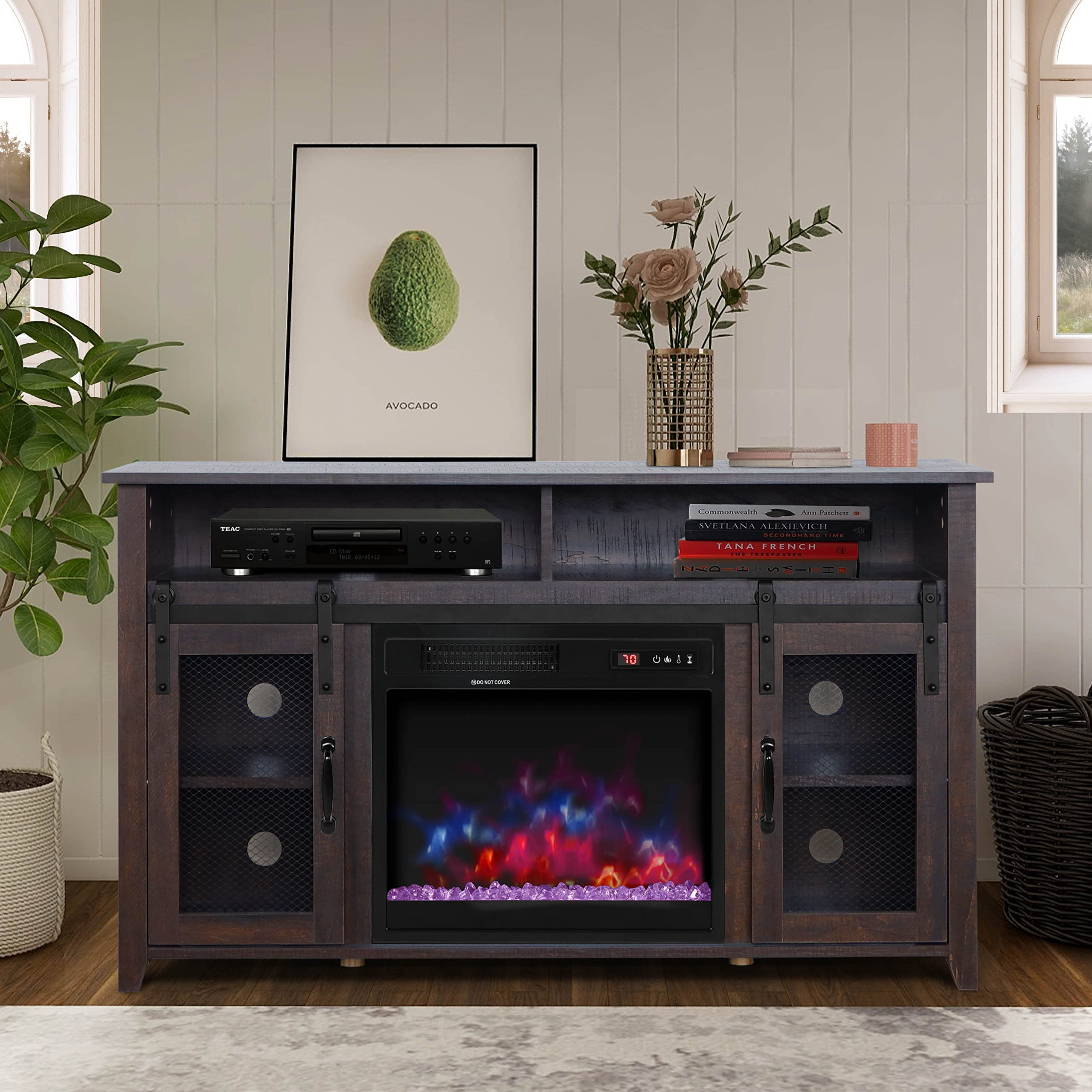 ENSTVER 55 Inch TV Stand with Electric Fireplace - Modern Espresso Wood Media Console with Glass Ember Bed for Living Room, Bedroom & Home Theater - Perfect for Entertainment & Warmth in Winter