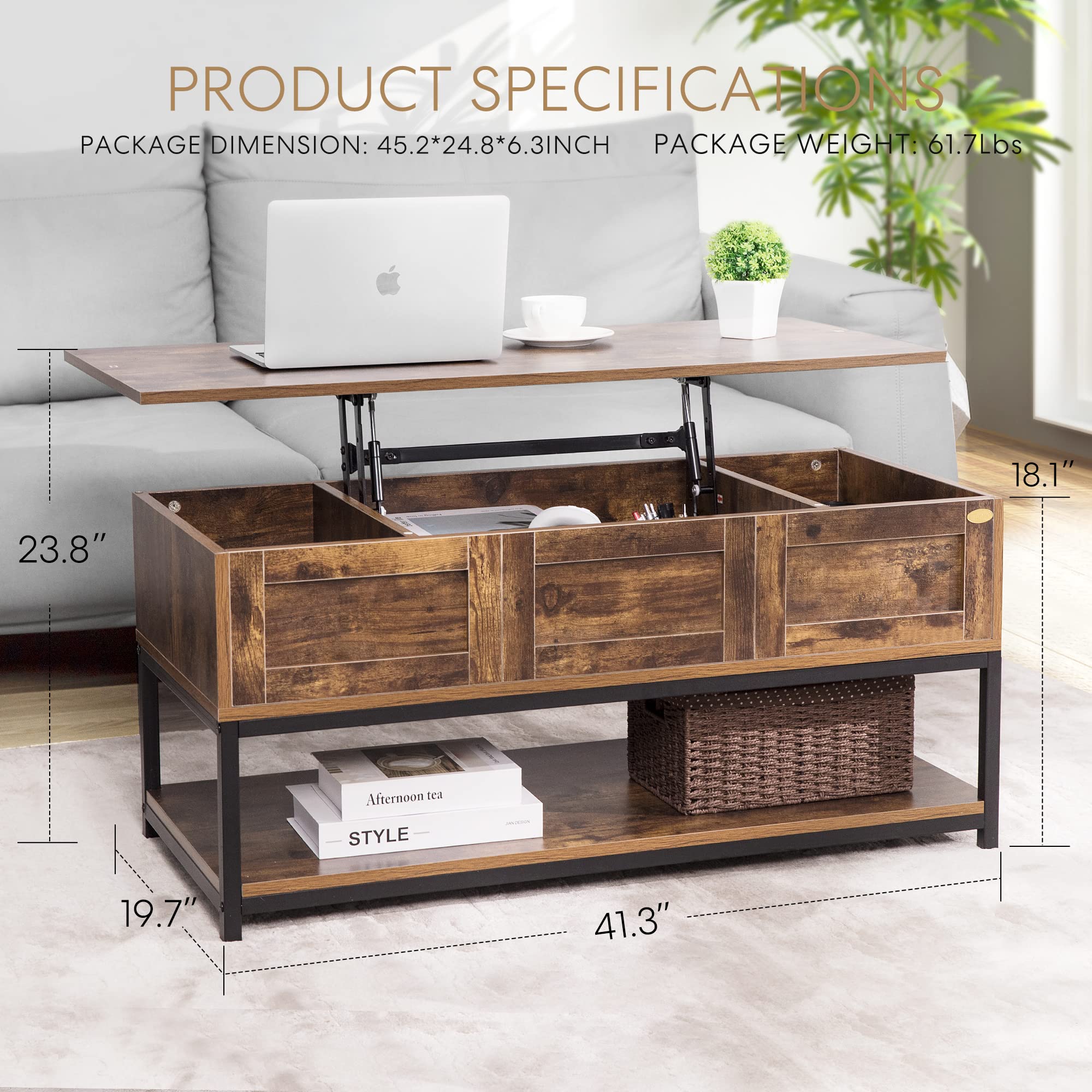 VIVOHOME Lift Top Coffee Table with Steel Frame, Convertible Dining Table with Open Storage & Hidden Compartment - Rustic Brown - Perfect for Living Room, Office, Small Apartment & Studio Spaces