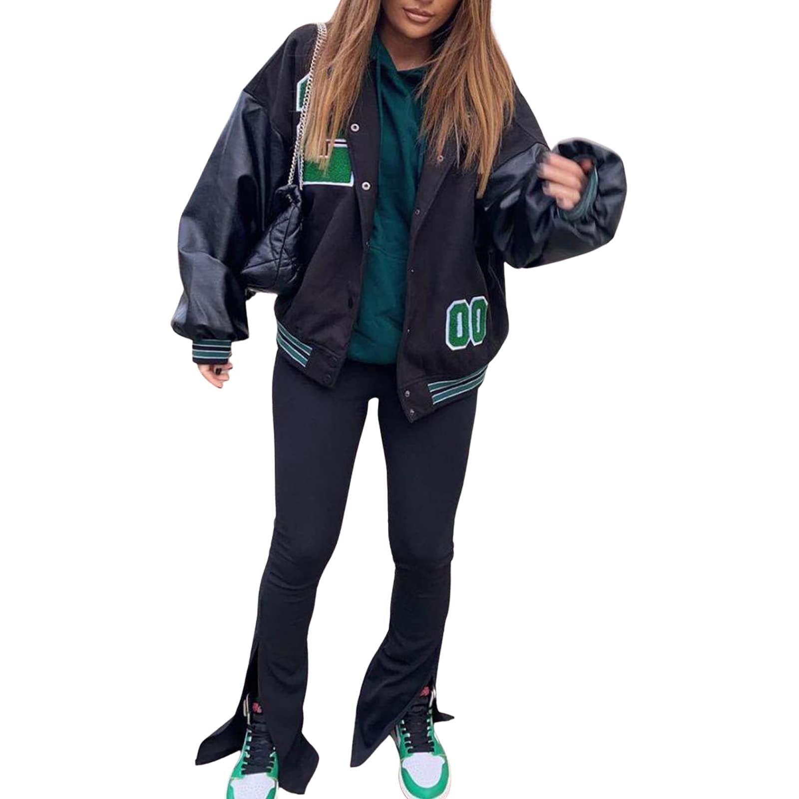 Women's Varsity Jacket - College Baseball Bomber Jacket with Leather Letter Embroidery | Long Sleeve Oversized Jacket for Girls | Perfect for School, Sports & Casual Outfits