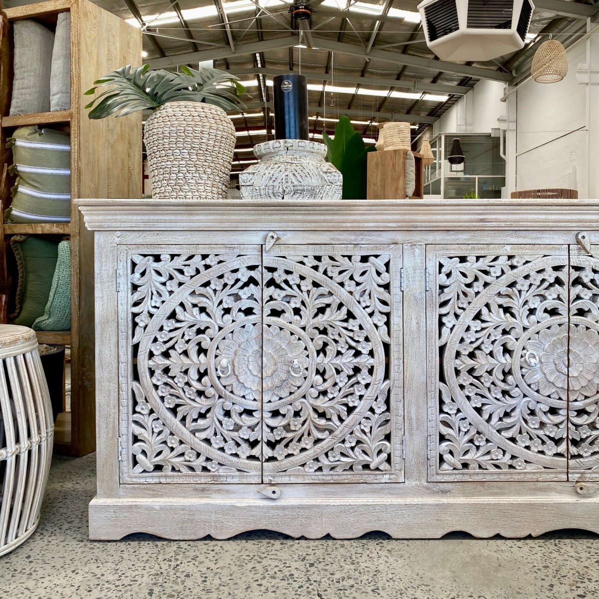 Hand Carved Wooden Four Door Sideboard - Handmade Indian Design Buffet Table for Dining Room, Living Room & Entryway Storage | Solid Wood Cabinet with Traditional Carvings