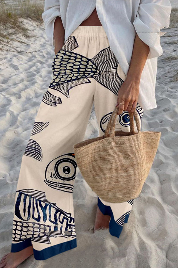 Vintage Fish Print Elastic Waist Loose Pocket Pants for Women - Comfortable Casual Beach Pants with Pockets, Summer Vacation Outfit, Lounge Wear, Yoga Pants