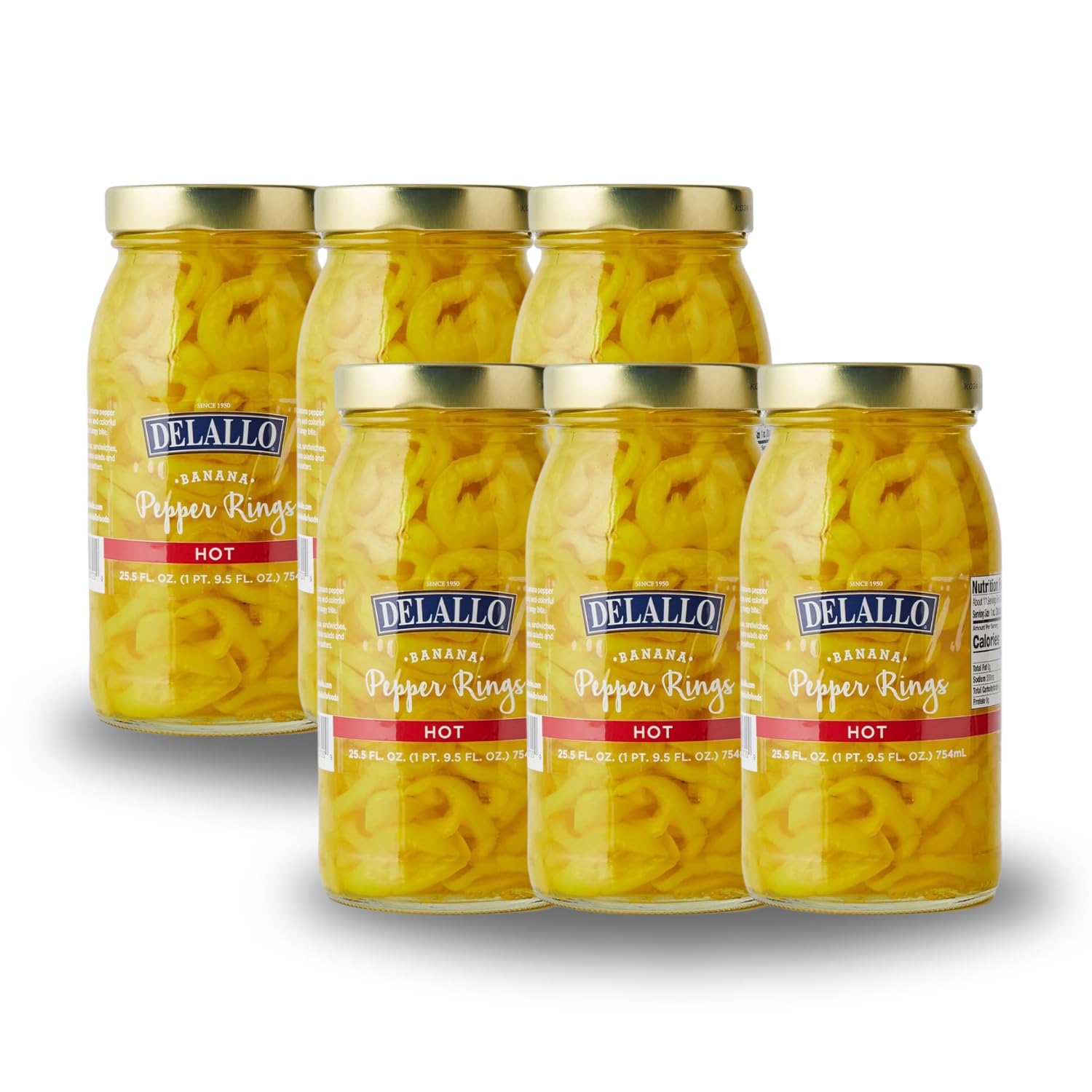 DeLallo Hot Banana Pepper Rings, 25.5 Oz (6-Pack) - Spicy Pickled Yellow Peppers for Salads, Sandwiches & Pizza Toppings - Non-GMO, Vegan, USA-Grown - Perfect for Burgers, Subs & Charcuterie Boards