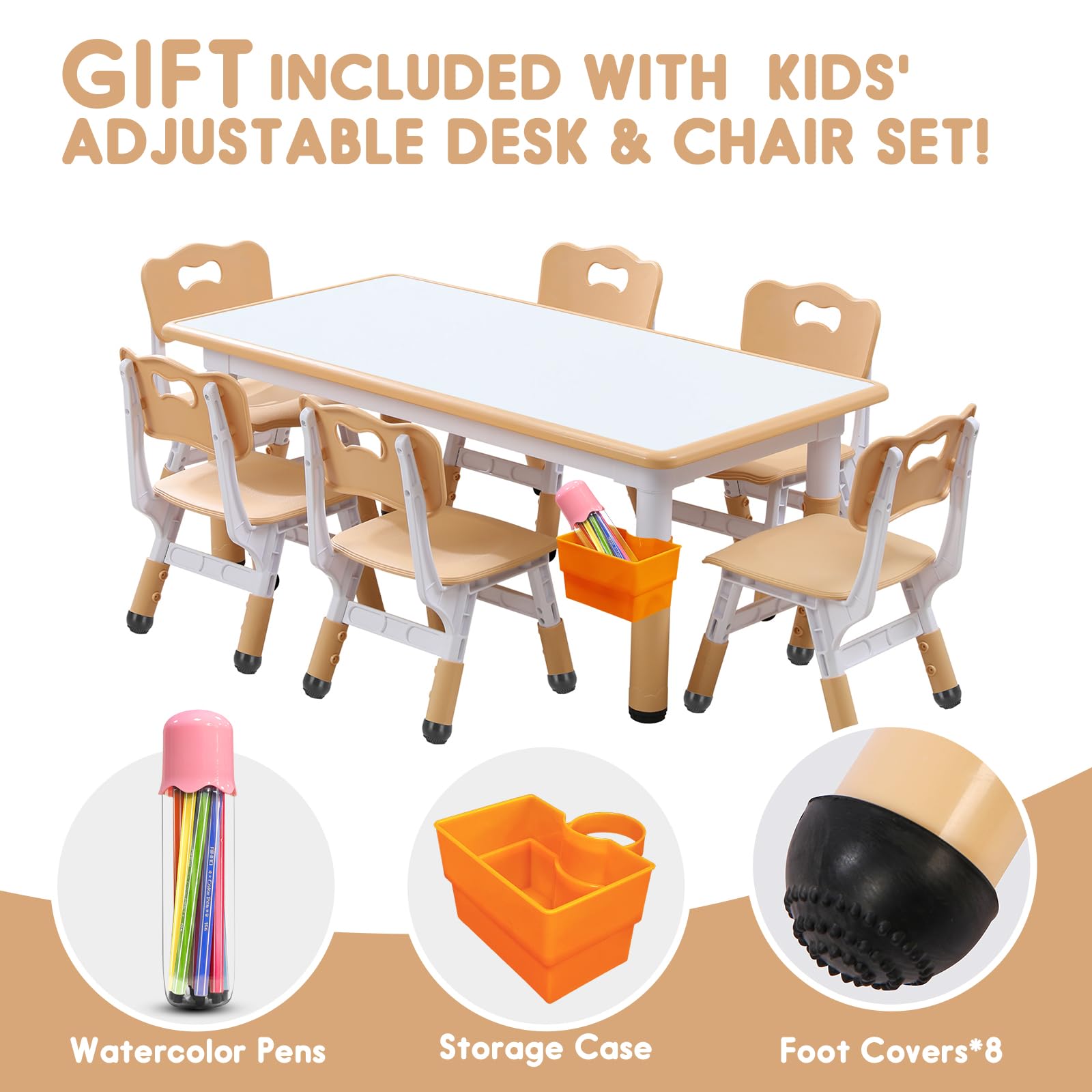 Best Kids Table and Chairs Set for 5-8 Year Olds - Toddler Table with 6 Chairs, 24 Leg Covers & 12 Color Pens - Perfect for Playroom, Classroom, and Home Learning Activities