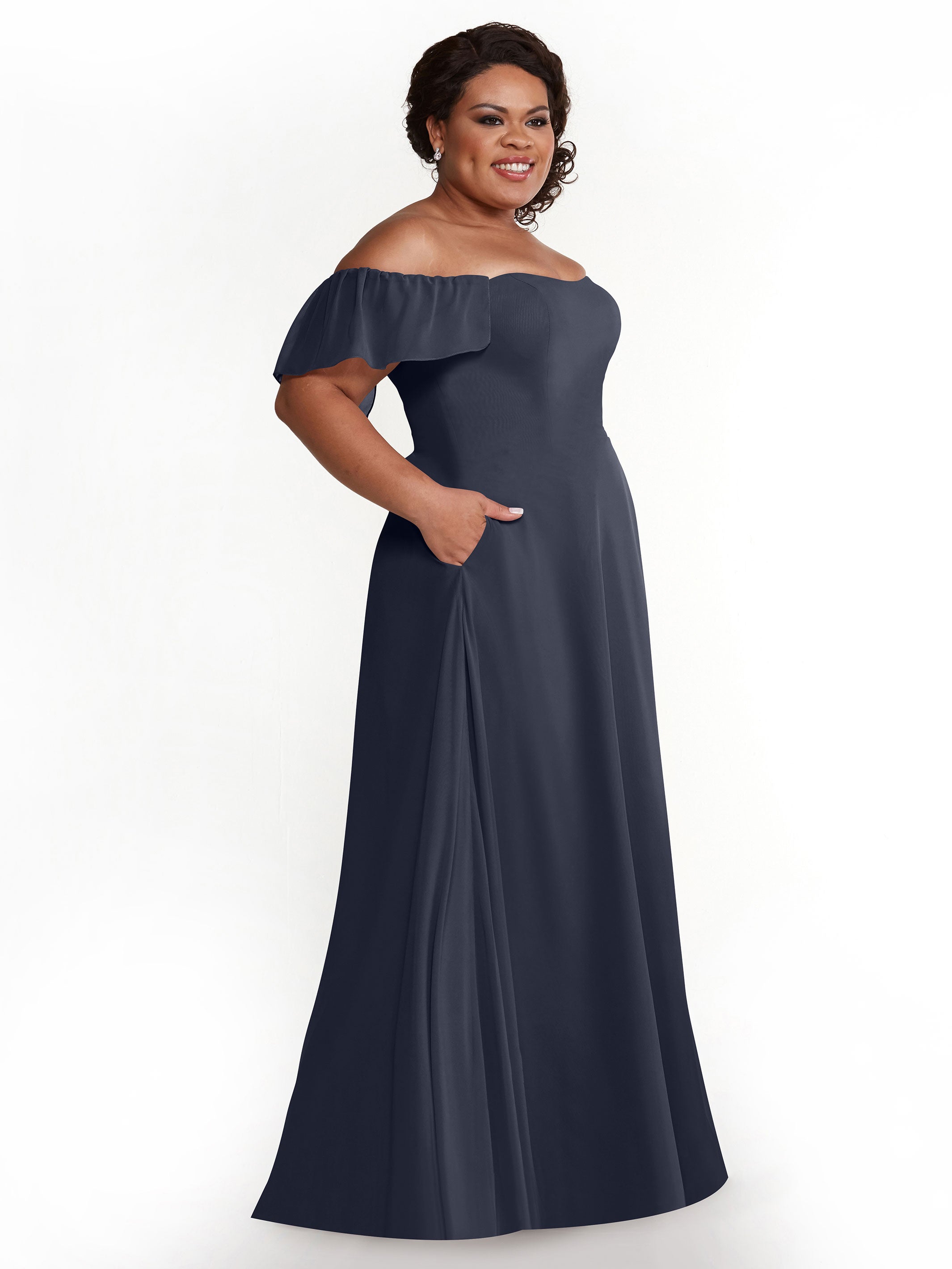 Elegant A-Line Off-The-Shoulder Chiffon Bridesmaid Dress with Pockets - 80168 | Perfect for Weddings, Formal Events & Special Occasions