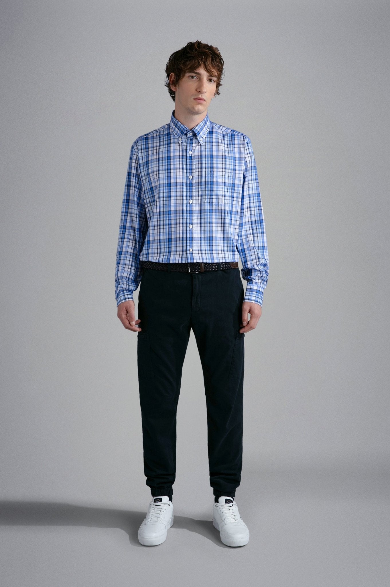 PAUL&SHARK Men's Long Sleeve Twill Check Shirt - White & Blue Plaid Casual Button Down Shirt for Office, Dating & Outdoor Activities