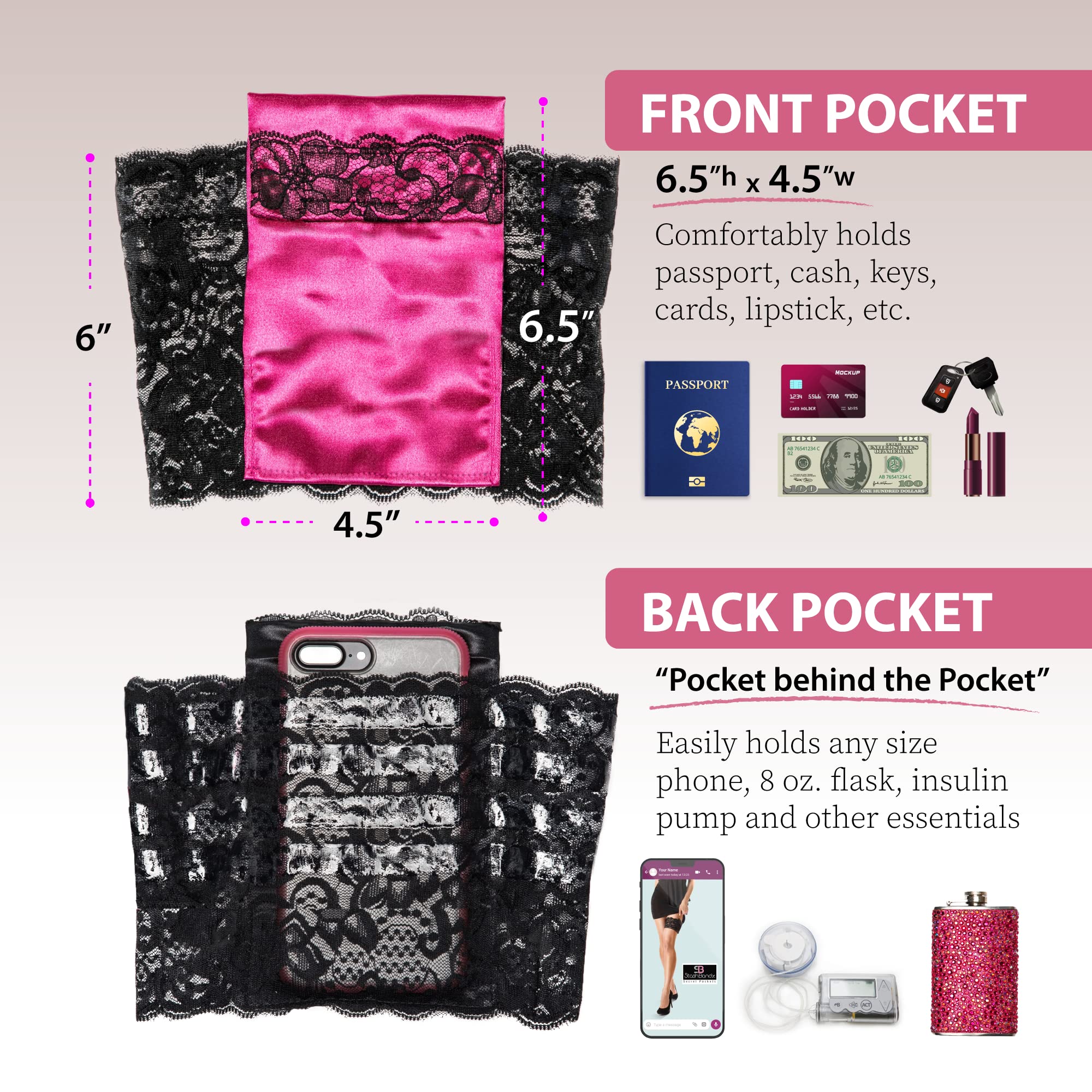 Stashbandz 2 Security Pockets - Lace Thigh Garter with Stay-Put Grippers for Phone, Cash & Essentials | Wedding, Travel & Fitness Accessory | Fits All Phone Sizes