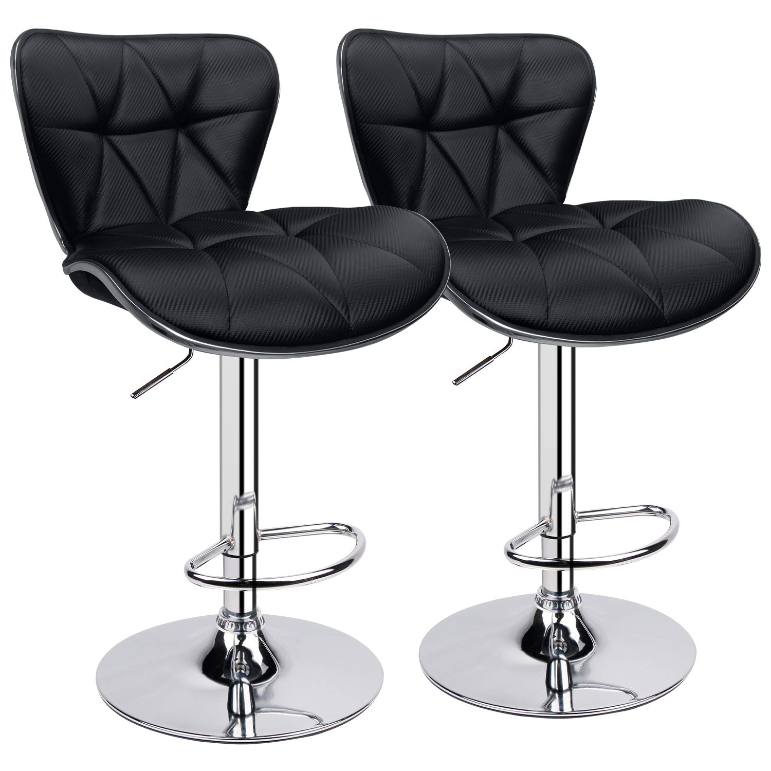 Leopard Print Adjustable Swivel Bar Stools with Carbon Fiber Leather Upholstery & Back Support - Set of 2 Black Barstools for Kitchen Island, Breakfast Nook & Home Bar Decor