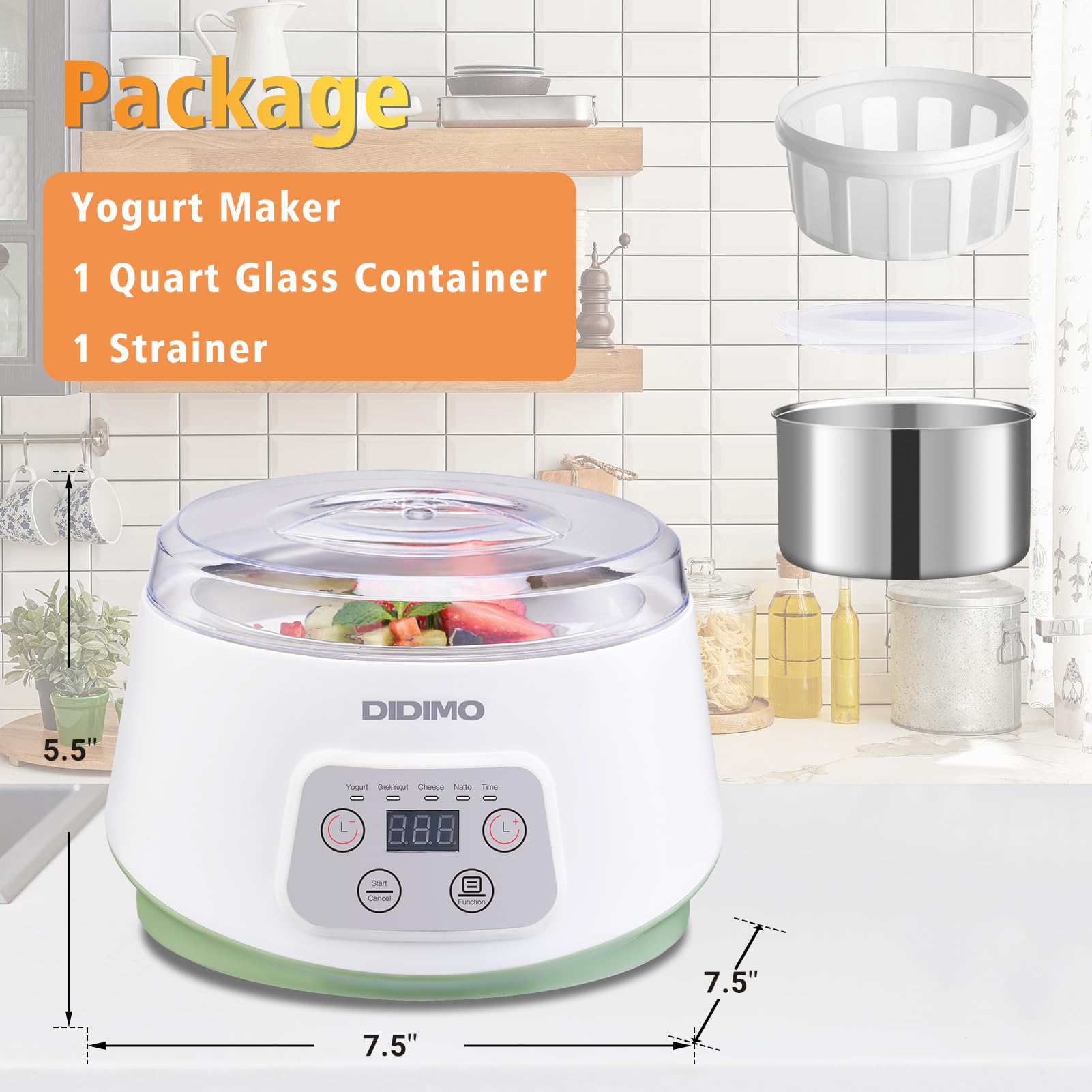 Electric Yogurt Maker Machine with Timer & Strainer - Stainless Steel Liner for Greek Yogurt, Cheese, Natto - Portable Homemade Yogurt Maker for Kitchen, Camping, Gifts (White)