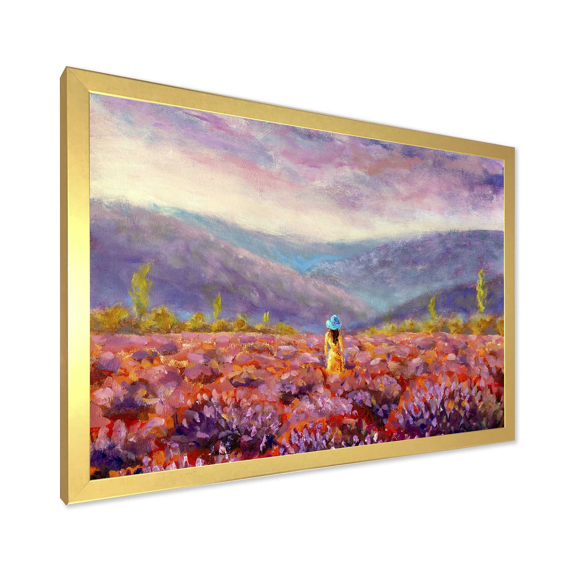 DesignQ Yellow Dress & Hat Woman Walking Through Fields - Traditional Framed Wall Art Decor for Living Room, Bedroom, Office