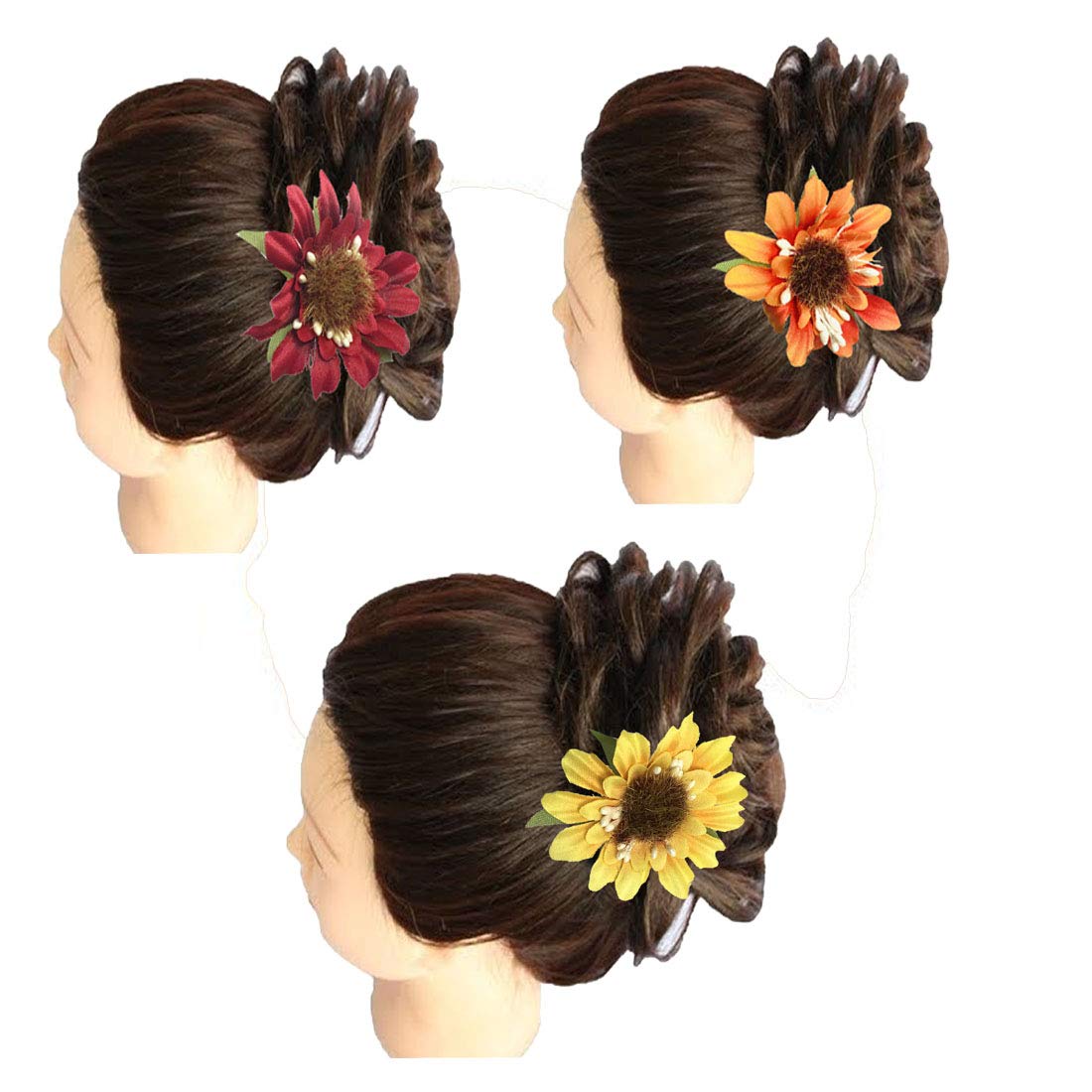 GadinFashion™ 3-Piece Floral Hair Pins Set - Orange, Yellow Hair Styling Accessories for Women & Girls | Perfect for Bun Decoration, Bridal Hairstyles & Everyday Wear