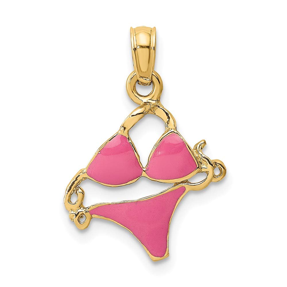 14K Solid Yellow Gold Pink Enamel Bikini Charm Pendant - 19mm x 14mm - Perfect for Beach Jewelry, Swimwear Accessories & Summer Fashion Gifts