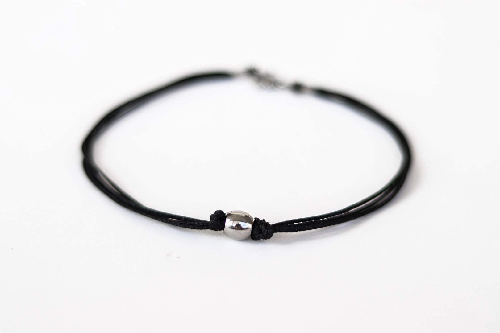 **Men's Silver Stainless Steel Bead Anklet with Black Cotton Cord - Adjustable Ankle Bracelet for Brother, Boyfriend - Waterproof Beach & Summer Jewelry Gift for Outdoor Activities**