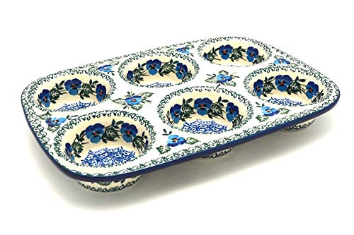 Handmade Polish Pottery Muffin Pan - Winter Viola Floral Design Stoneware Baking Dish for Cupcakes & Muffins | Perfect for Holiday Baking, Gift Giving & Rustic Kitchen Decor