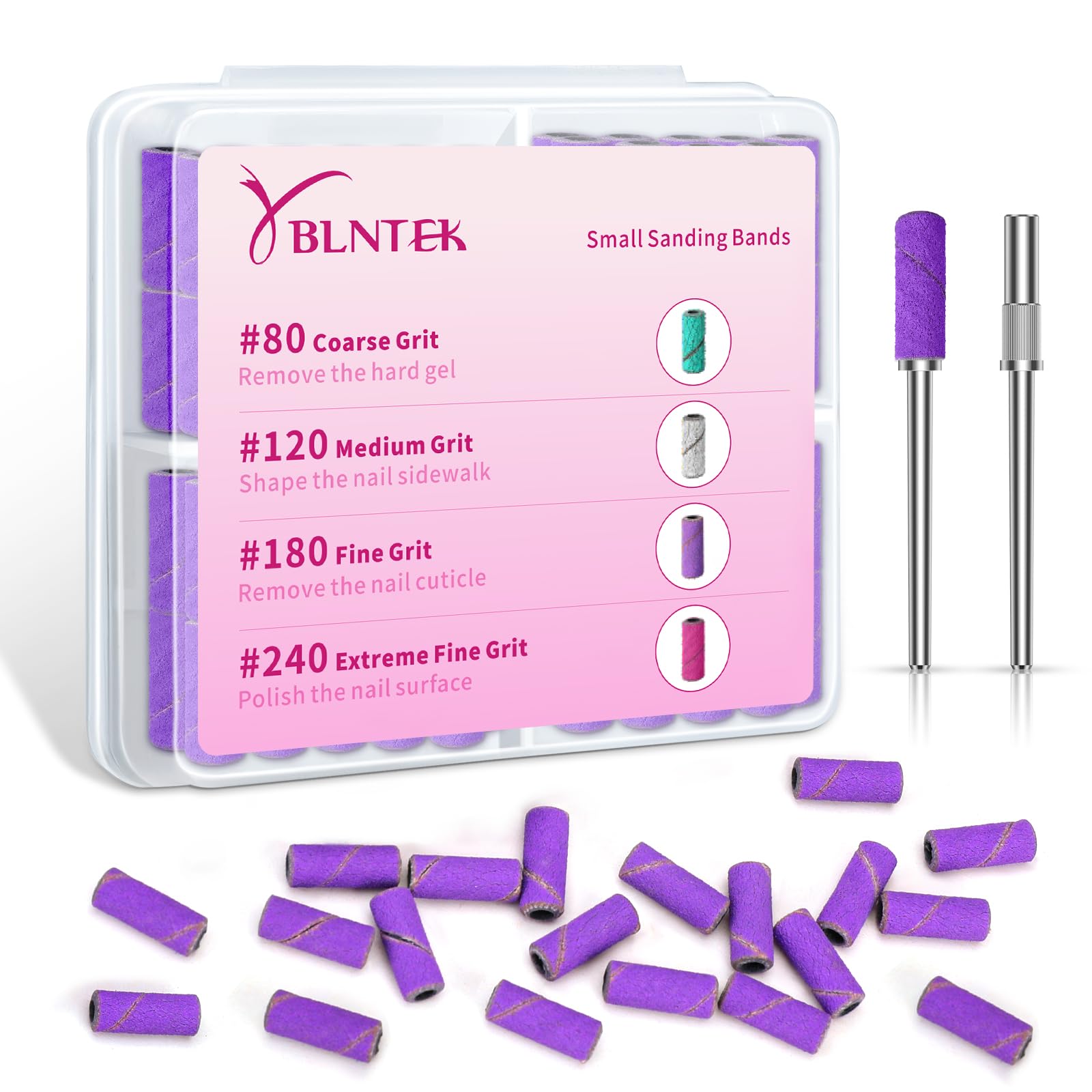 YBLNTEK 80 Pcs 180 Grit Nail Sanding Bands for Drill - 3.1mm Mandrel Bit, Fine Grit Sanding Bands for Acrylic & Gel Nails Removal - Professional & Home Nail Care (Purple) - Perfect for Nail Salons, DIY Manicures & At-Home Nail Art