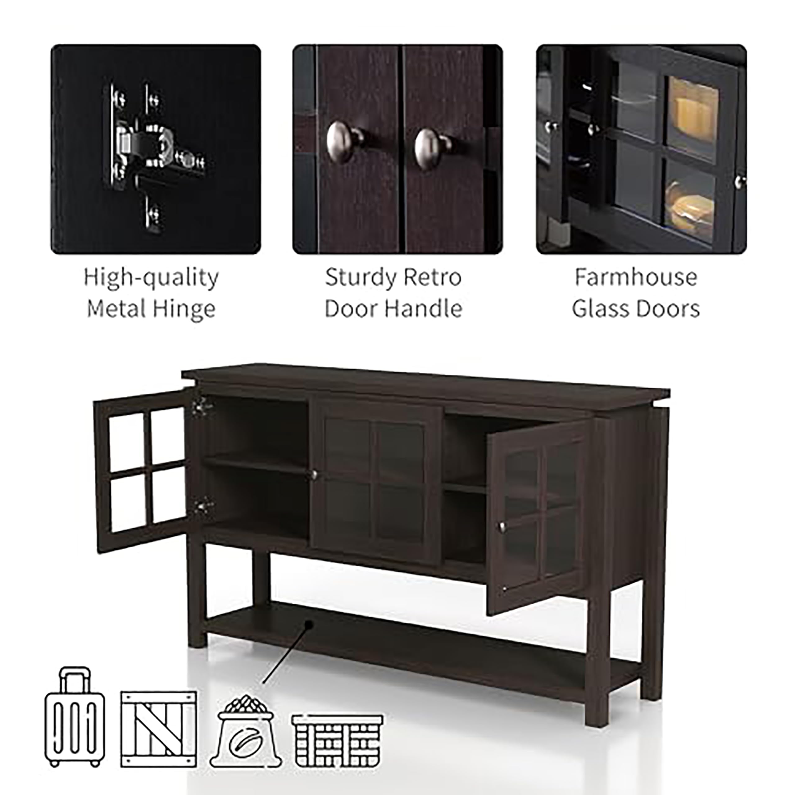 Furniture of America Julianna Farmhouse Sideboard Buffet Cabinet with Storage & Glass Doors - Solid Wood Kitchen Coffee Bar Console Table for Entryway, Dining Room, Living Room - Walnut Finish for Rustic Home Decor & Entertaining