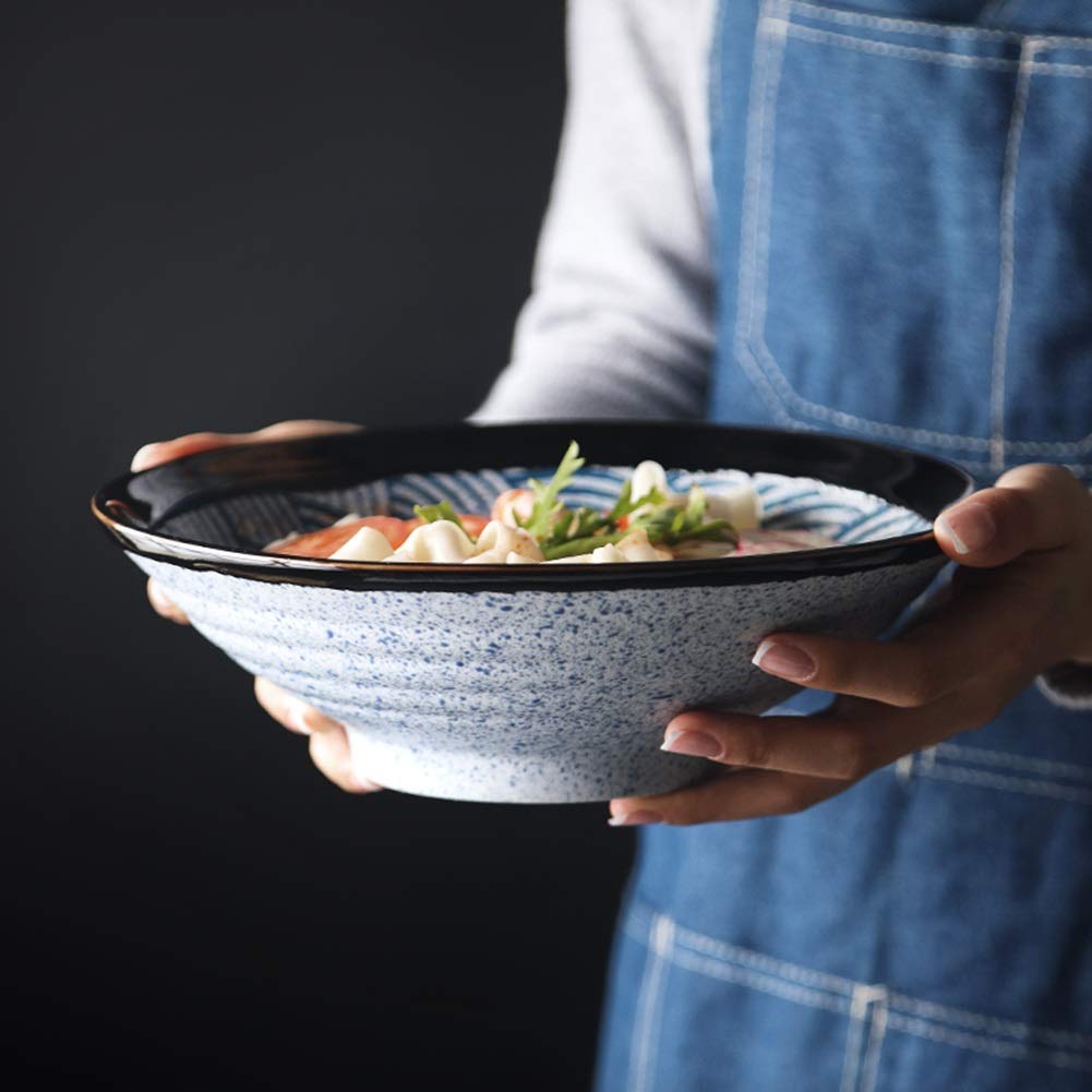 44oz Porcelain Soup Bowls Set with Chopsticks - Microwave & Dishwasher Safe Stackable Wavy Pasta Bowls for Cereal, Stew, Ice Cream - Perfect for Dining, Entertaining & Meal Prep