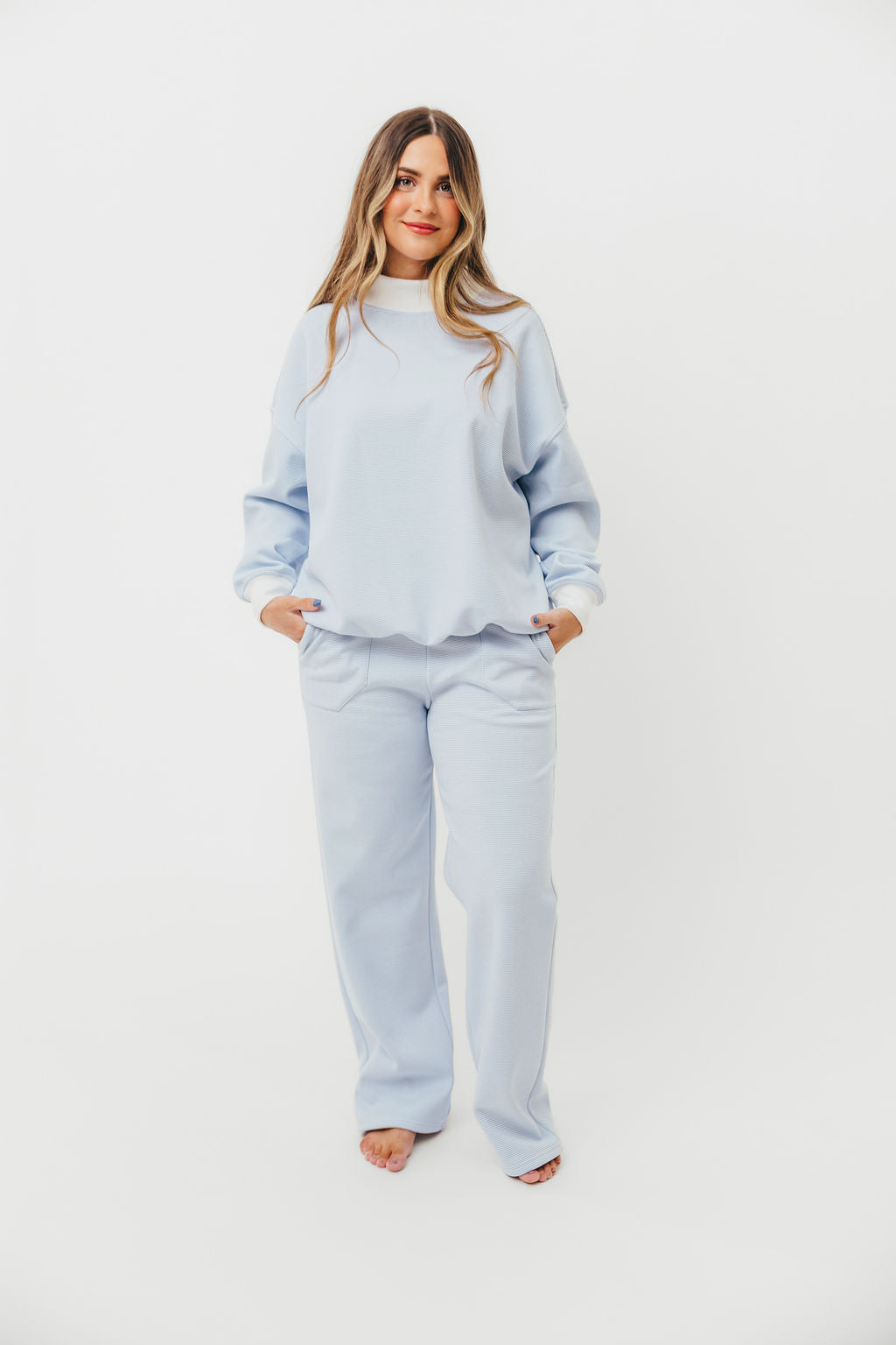 Cynthia Mini Striped Mock Neck Sweatshirt - Blue and White Pullover for Women | Casual Fall & Winter Fashion | Perfect for Layering, Coffee Dates & Weekend Outings