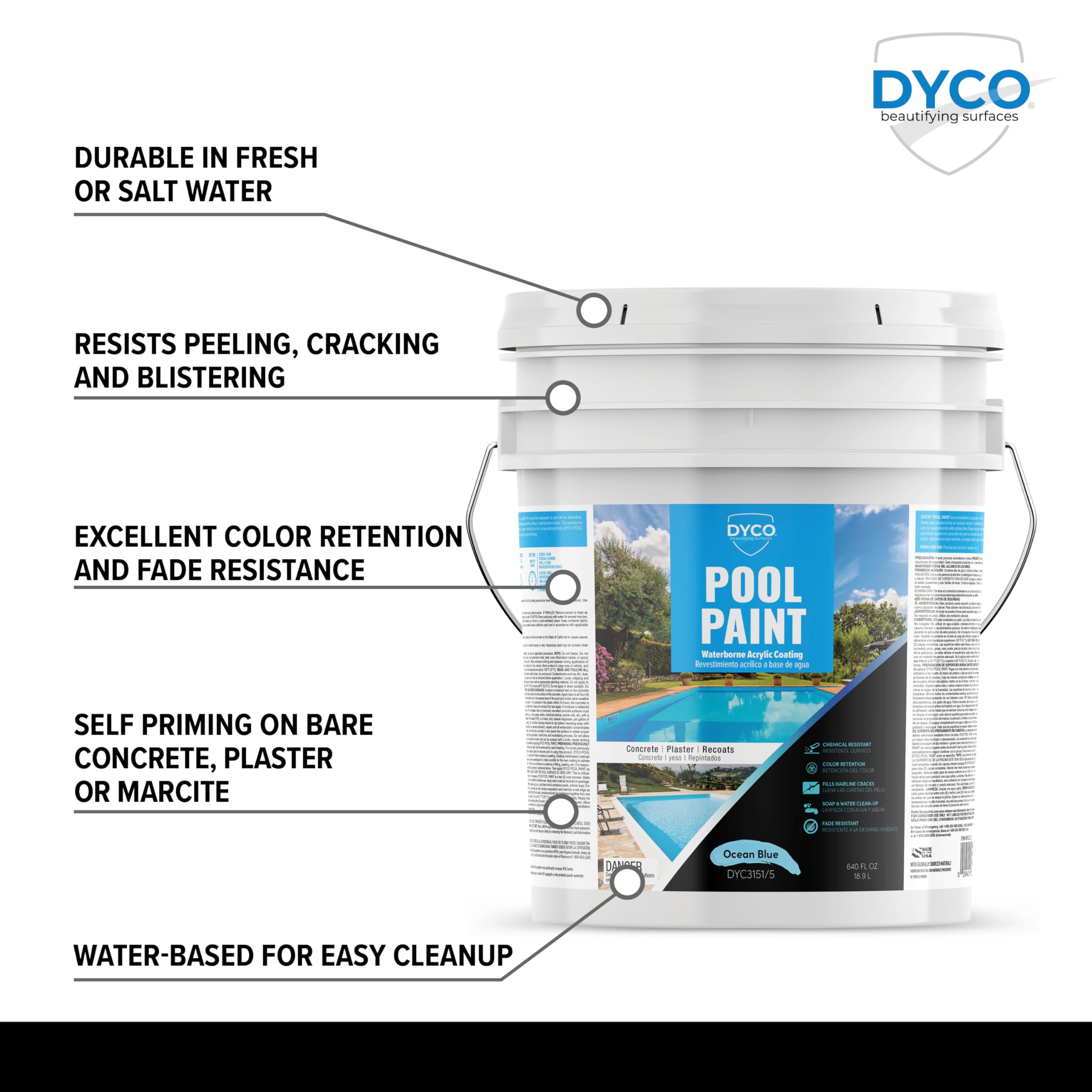 Dyco Waterborne Acrylic Pool Paint - UV, Water, Salt & Chemical Resistant - Prevents Fading & Cracking - Seals Hairline Cracks - Long Lasting 5-8 Years - Ocean Blue (5 Gallon) - Perfect for Inground & Above Ground Pools, Pool Decks & Outdoor Water Features