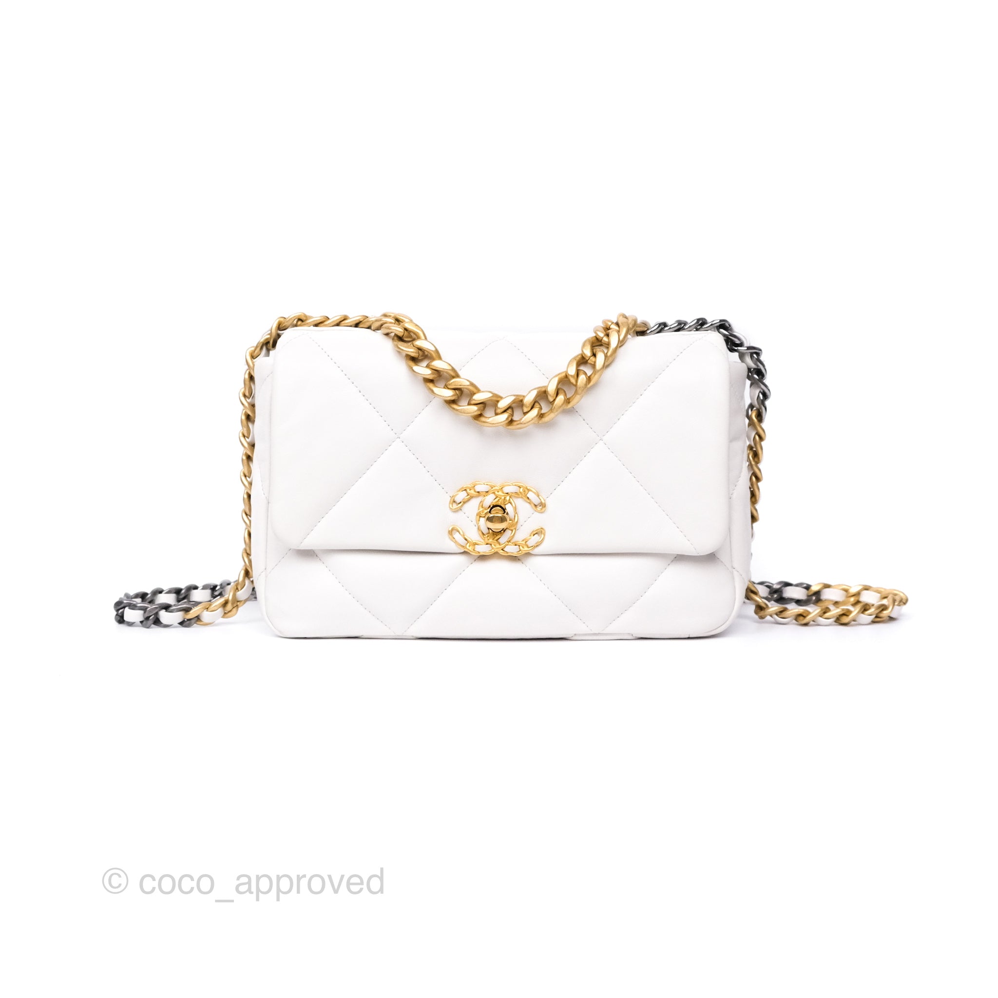 Chanel 19 Small White Leather Flap Bag with Mixed Gold & Silver Hardware - Perfect for Everyday Luxury & Special Occasions