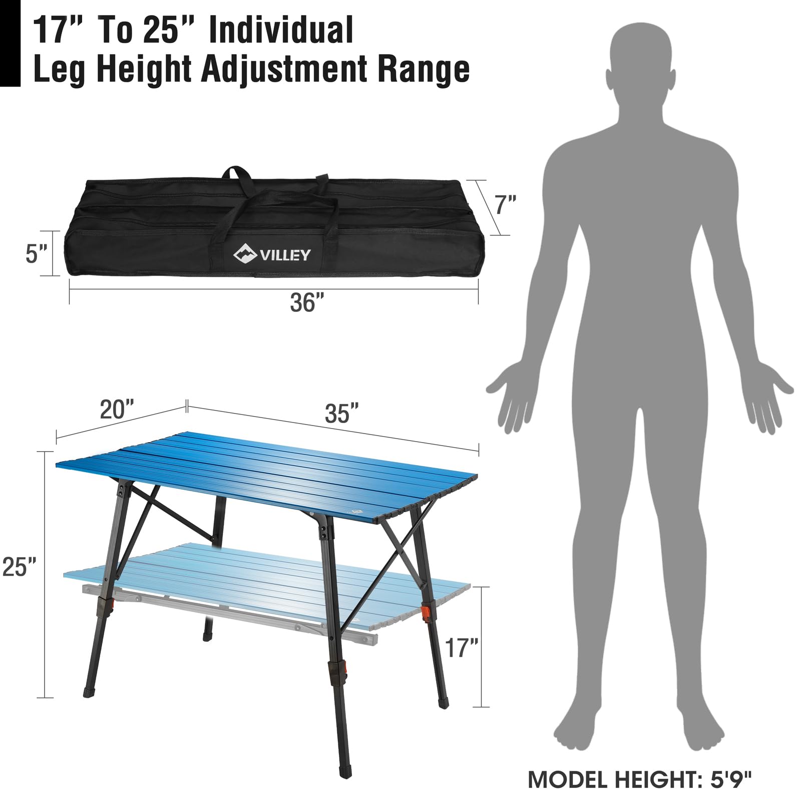 VILLEY Portable Camping Table with Adjustable Height - Lightweight Aluminum Folding Table for Outdoor Cooking, Picnic, Beach, Backyard, BBQ & Travel - Includes Carrying Bag | Perfect for Camping Trips, Tailgating & Beach Parties