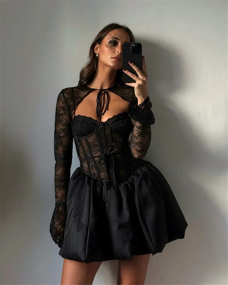 Sexy Black Lace Puffball Mini Dress for Women - Long Flare Sleeve Sheer Club Party Dress with Lace Up & High Waist | Perfect for Night Out, Date Night, and Special Occasions