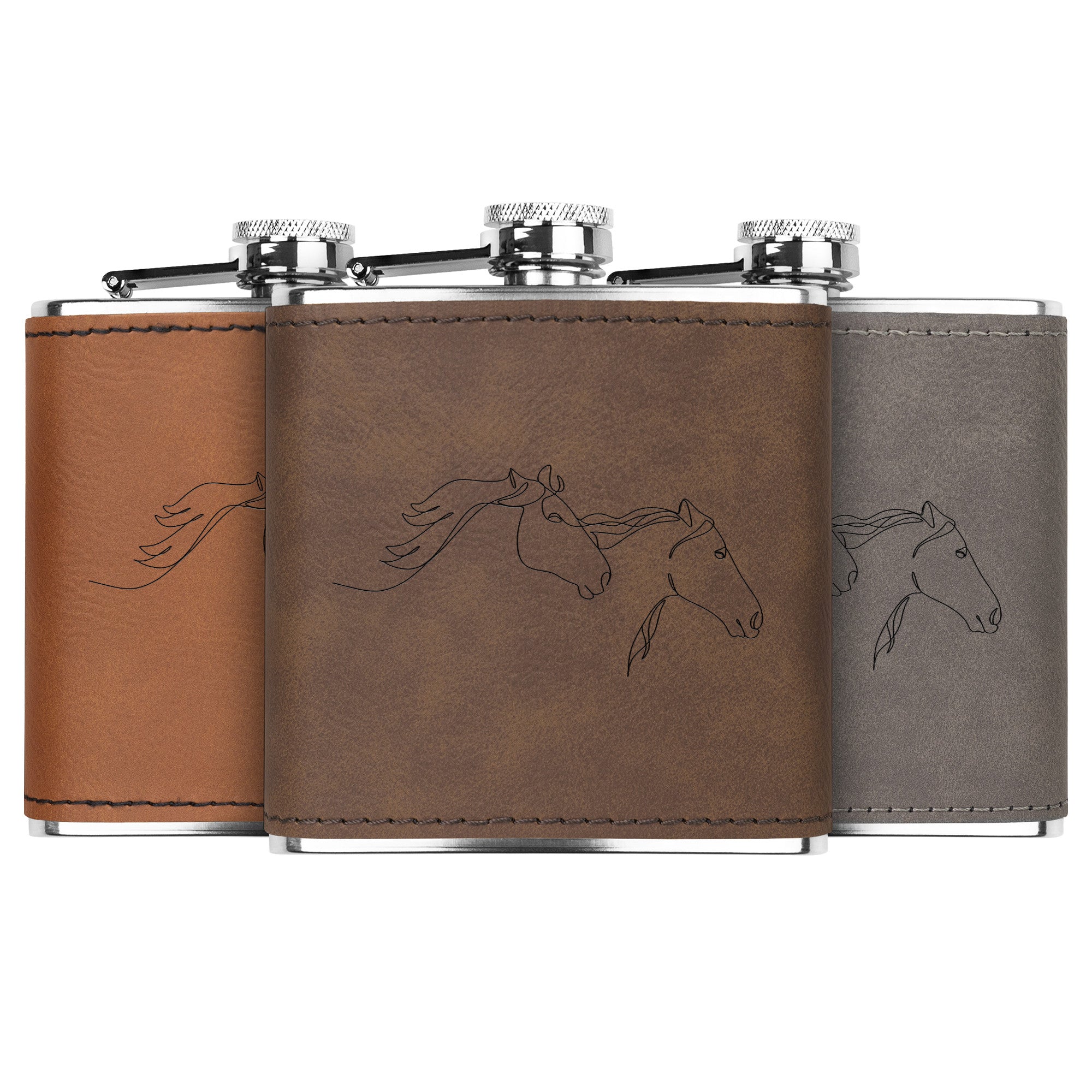Premium Leather Hip Flask with Engraved Running Horses Design - Stainless Steel Metal Flask for Whiskey, Bourbon & Liquor - Perfect for Outdoor Adventures, Camping & Gifting