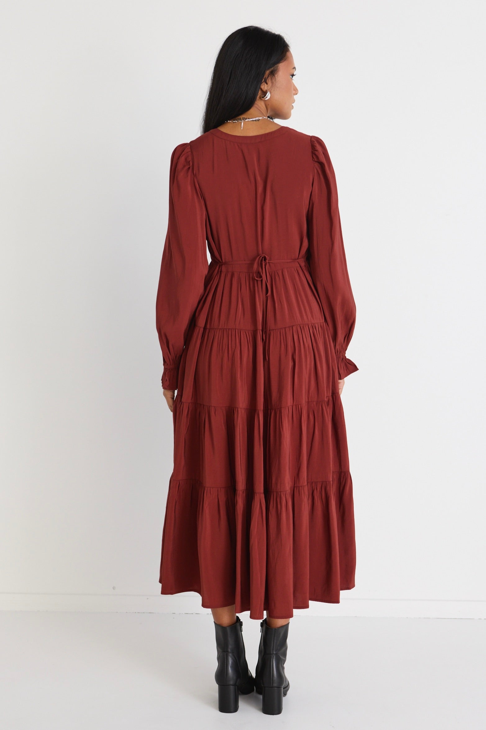 Elegant Copper Long Sleeve Button Front Tiered Maxi Dress for Women - Perfect for Fall Weddings, Holiday Parties & Special Occasions