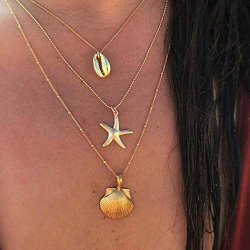Boho Layered Shell Necklace with Gold Starfish Pendant - Vintage Beach Jewelry for Women & Girls | Perfect for Summer Vacations, Beach Weddings & Boho Fashion