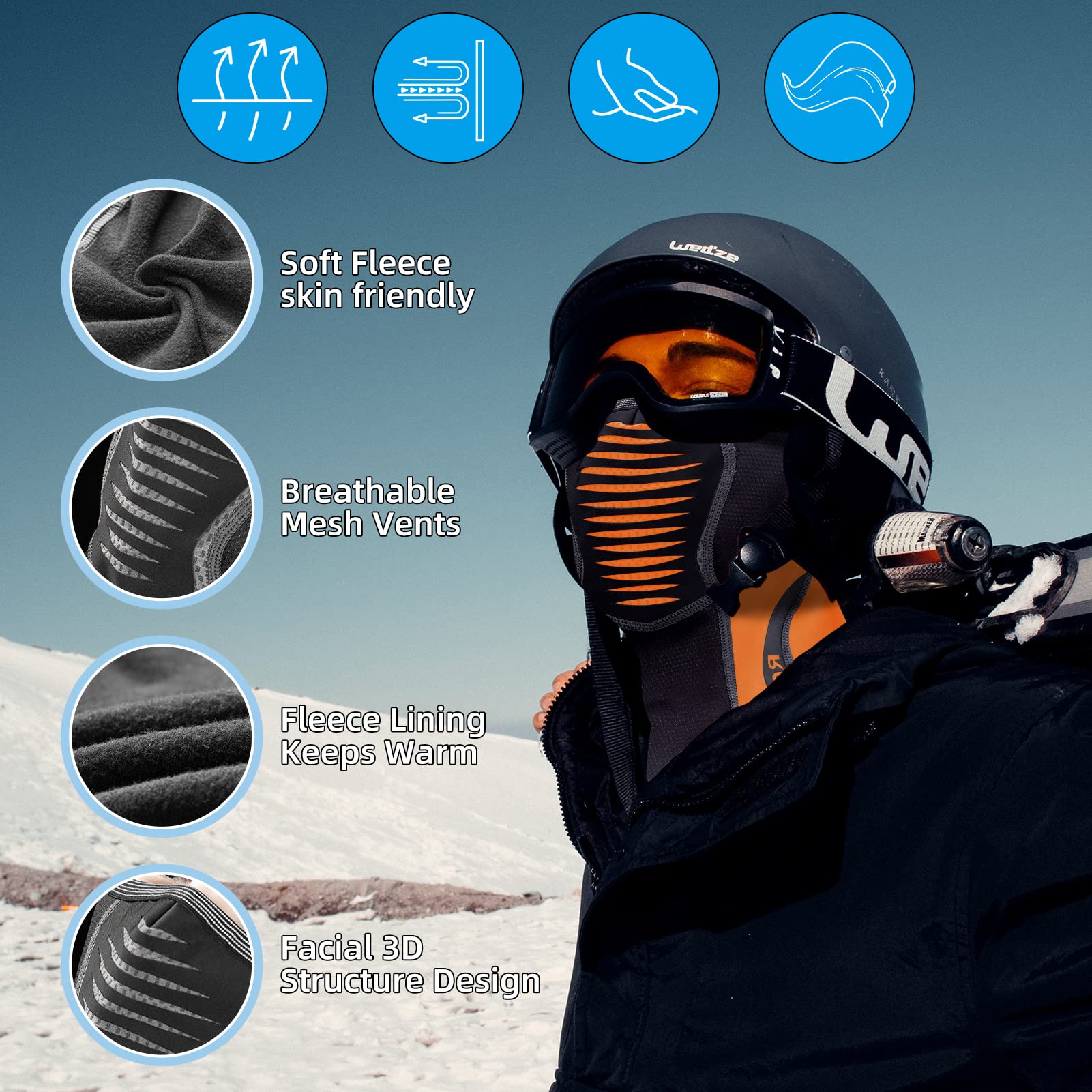 ROCKBROS Ski Mask - Windproof Fleece Thermal Balaclava for Men & Women - Cold Weather Face Cover for Skiing, Snowboarding, Cycling & Outdoor Activities