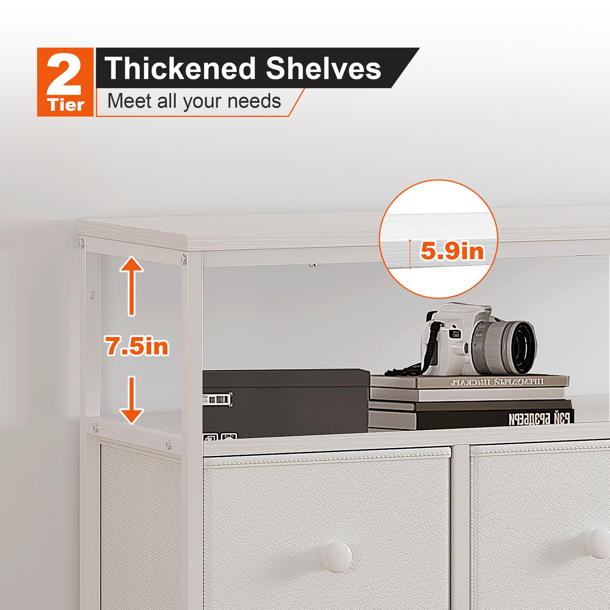 7-Drawer White Dresser with 2 Shelves & Wooden Top - Tall Bedroom Storage Cabinet, TV Stand & Closet Organizer - Sturdy Metal Frame Chest of Drawers for Home, Office, or Dorm Room Organization