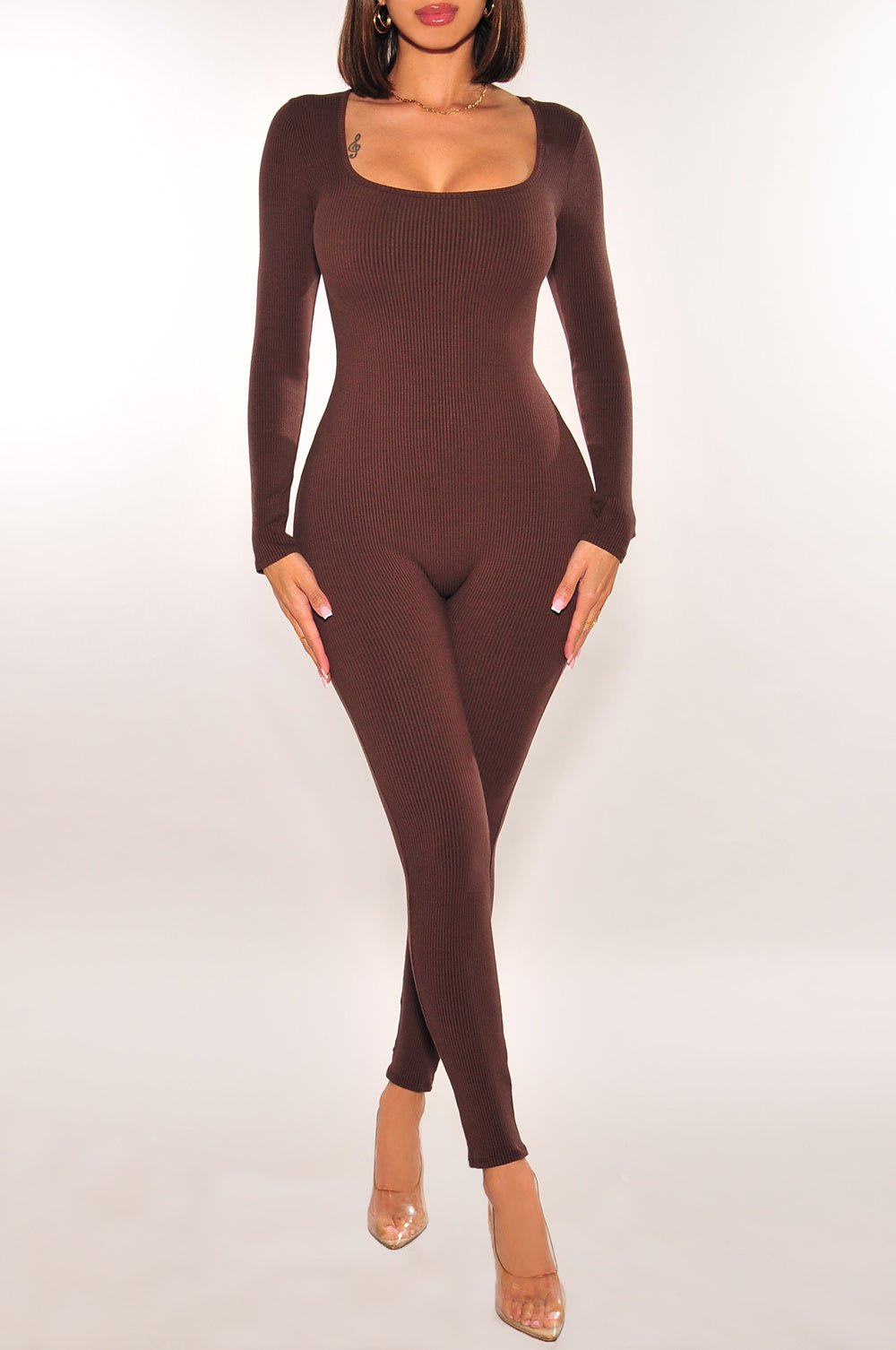 Chocolate Ribbed Long Sleeve Square Neck Jumpsuit for Women - Elegant Casual Outfit for Date Night, Office Wear & Fall Fashion