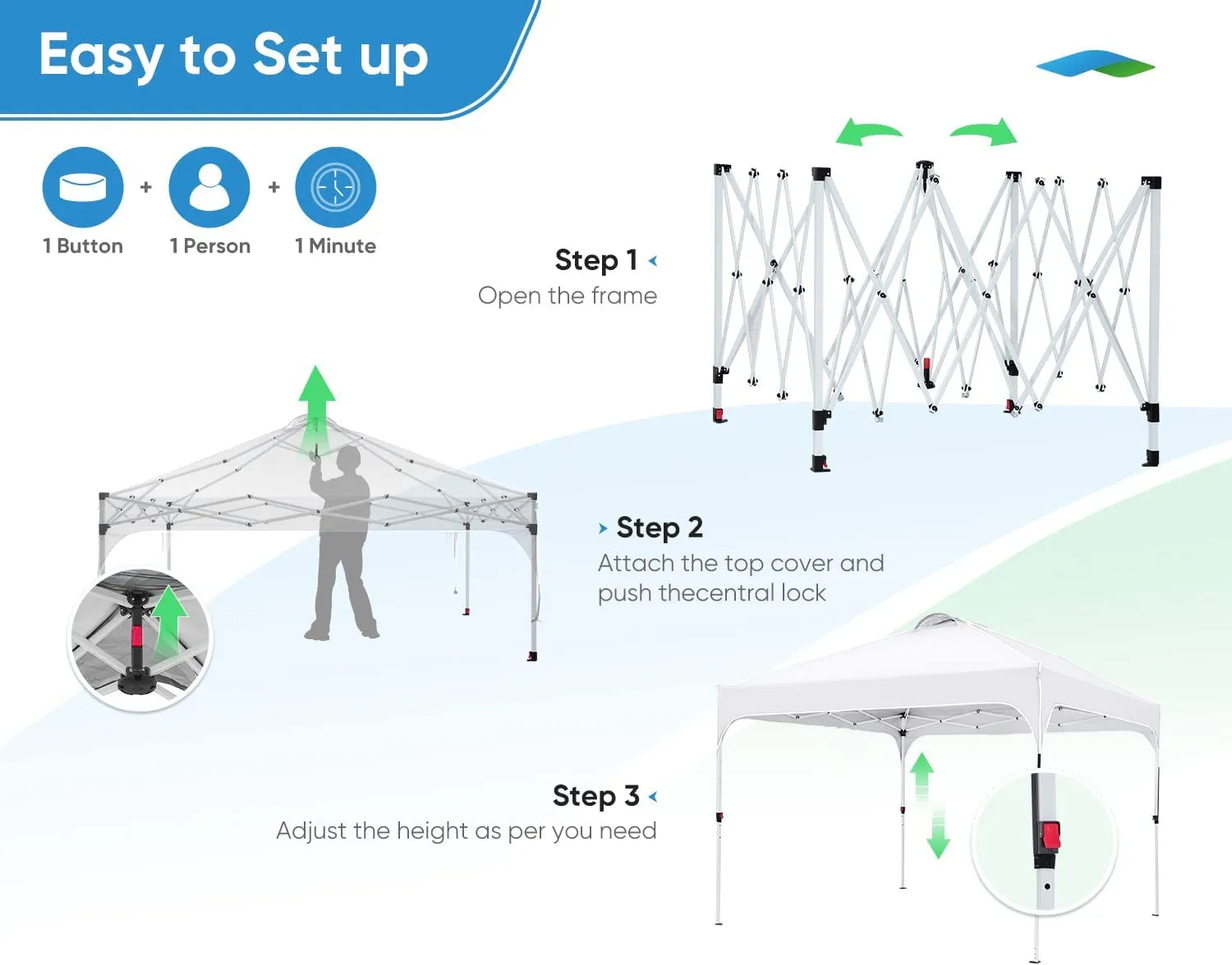 10' x 10' Pop Up Canopy Tent - Easy One Person Setup, Instant Shelter for Outdoor Events, Camping, Beach Parties, and Farmers Markets