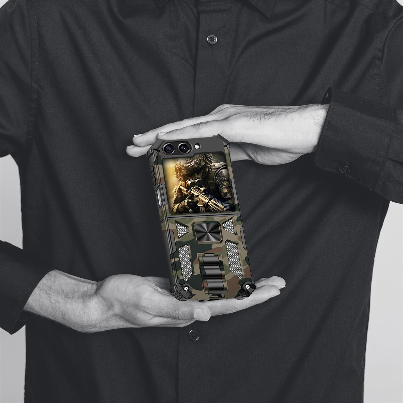 Shockproof Samsung Z Flip6 Case with Kickstand - Army Green Camo for Outdoor & Travel