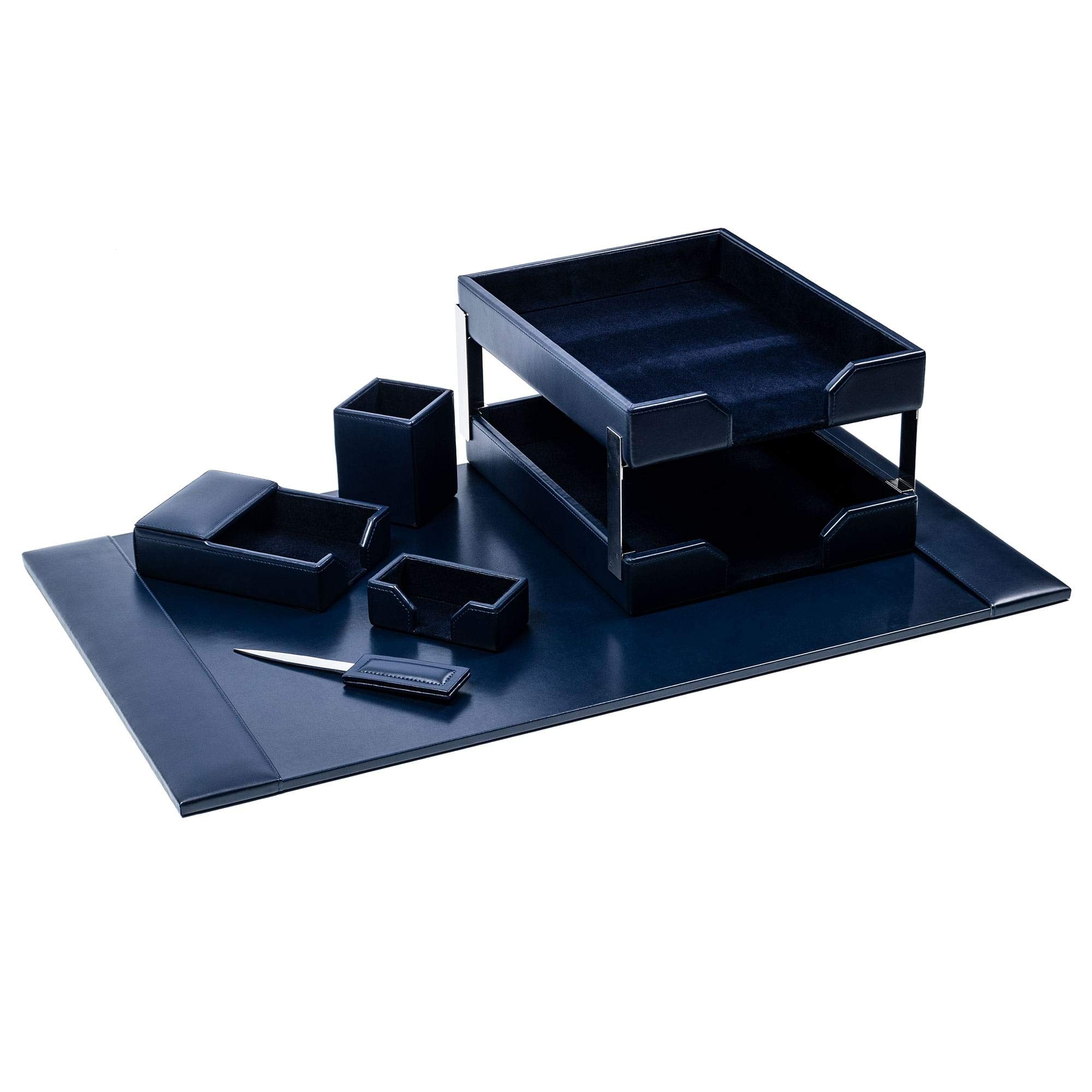 Premium DACASSO Bonded Leather Desk Set - Luxury Office Desk Pad & Organizer with Pen Holder, Letter Tray & Accessories (Navy Blue, 8-Piece) - Perfect for Home Office, Executive Desk & Professional Workspace Setup