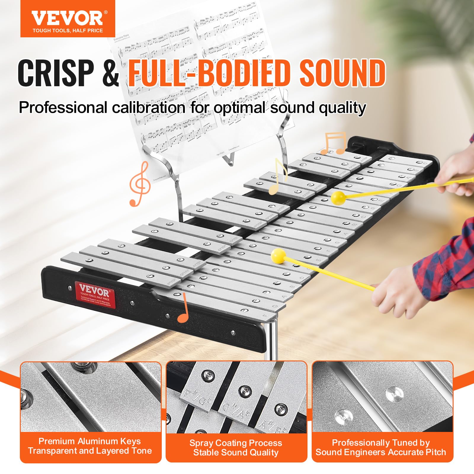 VEVOR 32-Note Glockenspiel Xylophone Bell Kit - Professional Percussion Instrument Set with Mallets, Drum Sticks, Music Sheet, 8