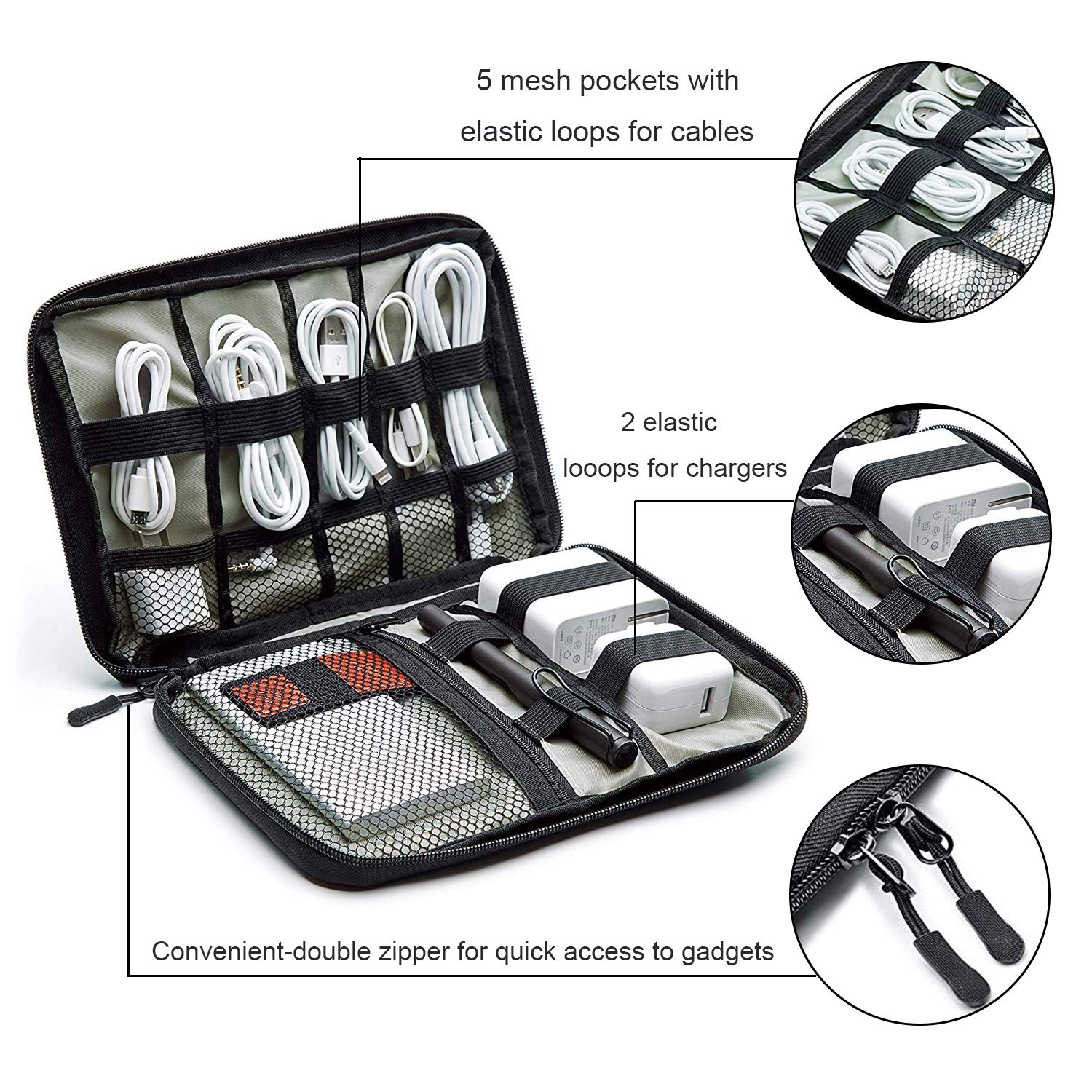 Portable Travel Cable Organizer Bag - Small Electronics Accessories Storage Case for Chargers, Phones, USB Cables & SD Cards with 8 Cable Ties | Perfect for Business Trips, Commuting & Home Office Organization