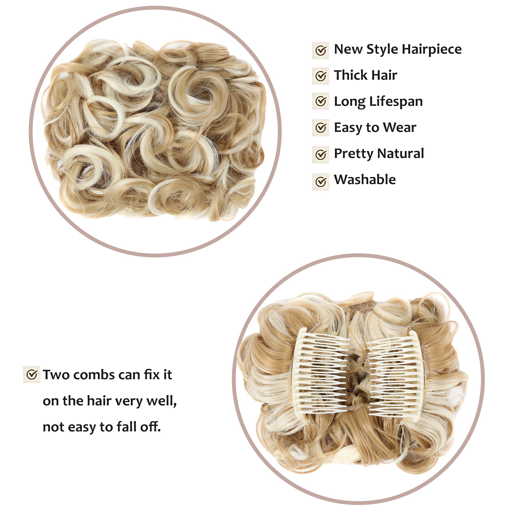 Elaine Combs Messy Bun Hairpiece - Clip in Ponytail Extension for Women with Curly Thick Chignon & Scrunchies (Ash Blonde & Bleach Blonde Highlights #58) - Perfect for Weddings, Parties and Everyday Hairstyles