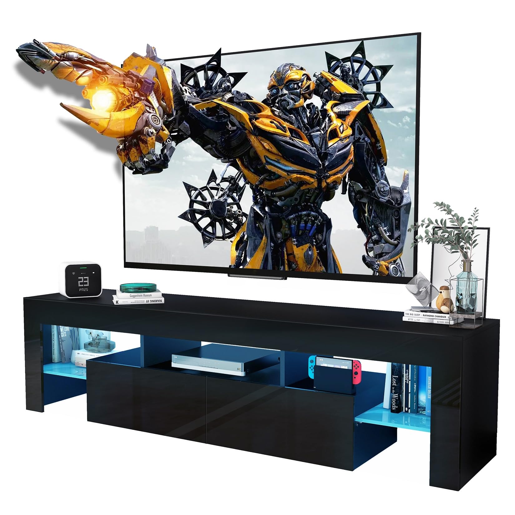 60-75 Inch Black High Gloss Wood TV Stand with LED Lights - Modern Entertainment Center with Large Drawers & Glass Display Shelf - Perfect for Living Room, Bedroom Gaming & Media Storage