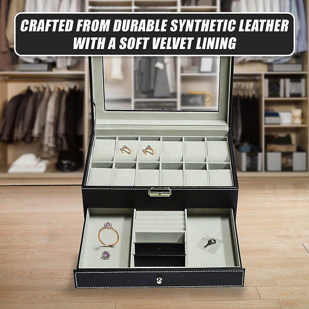 12-Slot Leather Watch Display Case with Lock & Key - Jewelry Storage Box Organizer for Men's Watches & Accessories - Perfect for Retail Stores, Watch Collections & Gift Presentation