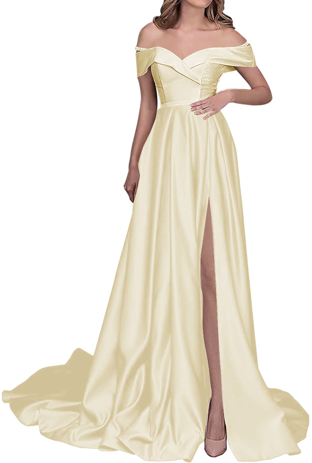 Elegant Off-the-Shoulder Satin Prom Dress with High Slit - Long Formal Evening Gown for Homecoming, Wedding, and Special Occasions
