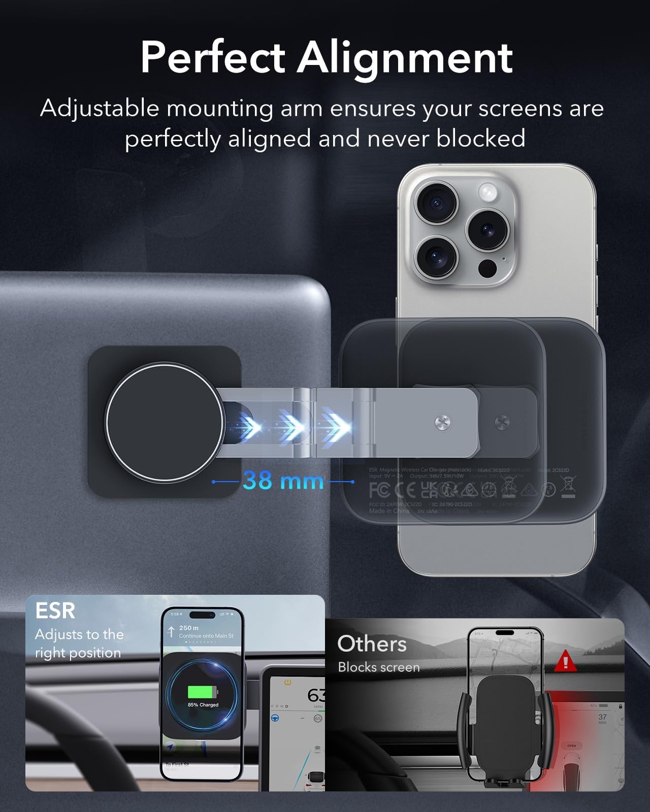 ESR MagSafe Car Mount Charger - Foldable Dashboard Magnetic Wireless Car Charger for Tesla & iPhone 15/14/13/12 - Strong Magnets Phone Holder (Black) | Perfect for Hands-Free Driving & GPS Navigation