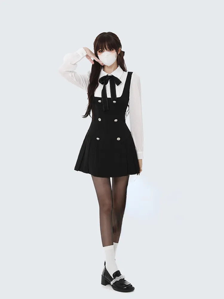 Women's Autumn Fake Two Piece Dress - Slim Fit Long Sleeve Bow Y2K Mini Dress | Korean Fashion Elegant Short Party Outfit for Casual Wear, Date Night & Club Events