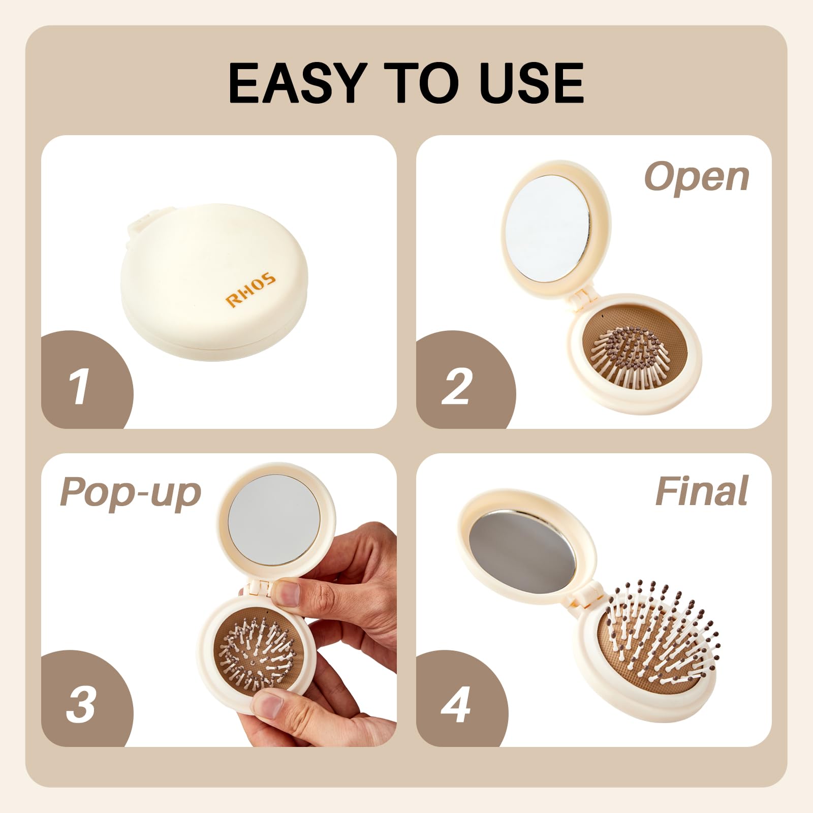 RHOS Compact Folding Hair Brush with Mirror - Portable Travel Brush for Women, Men & Kids - Perfect for Purse, Pocket & On-the-Go Styling - Ideal for Travel, Gym & Daily Touch-Ups (Beige)