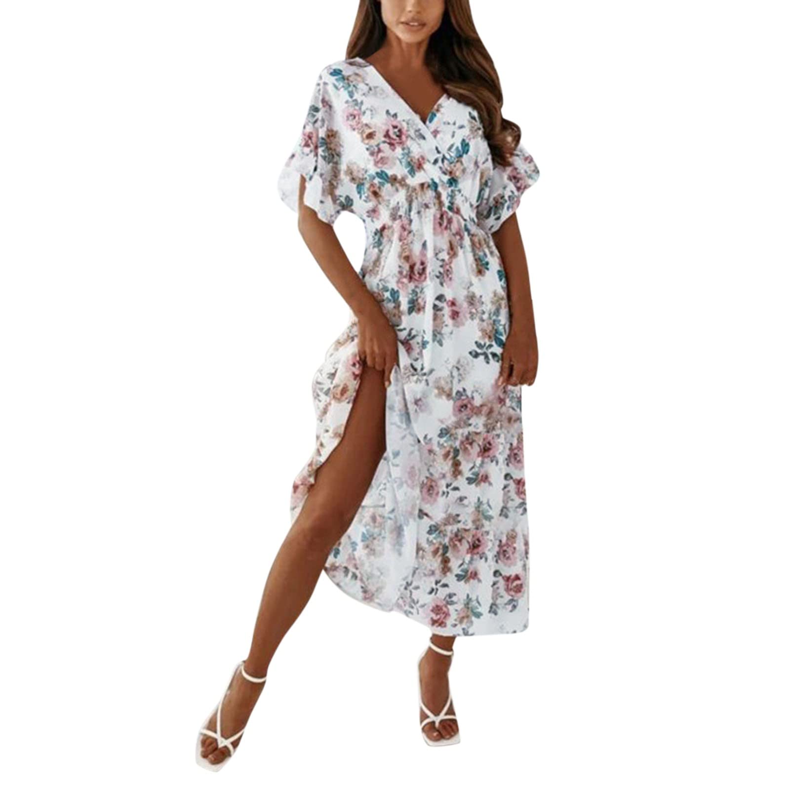 Floral Print V-Neck Summer Dress for Women - Casual Short Sleeve Long Dress - Perfect for Beach Vacations, Garden Parties & Summer Outings (Available in Multiple Sizes)