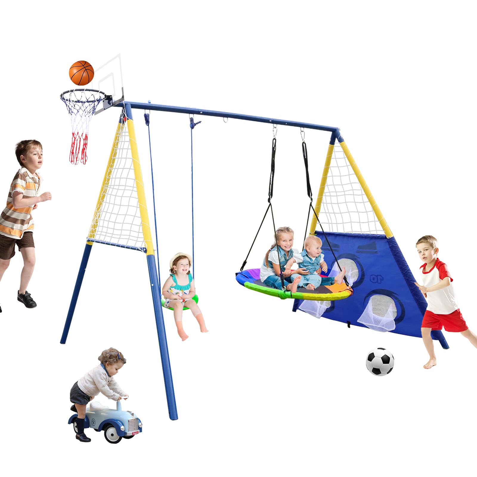 440lbs Heavy Duty 2-Seat Outdoor Swing Set for Kids - A-Frame Metal Stand with Saucer Swing, Belt Swing, Basketball Hoop & Soccer Goal - Perfect for Backyard, Park & Playground Fun