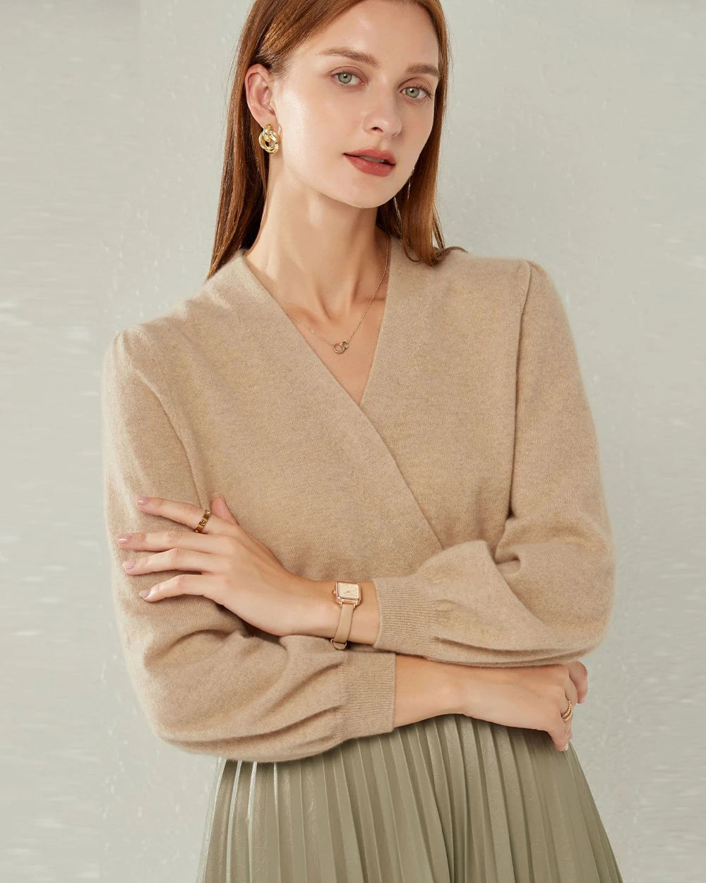 V Neck Lantern Sleeve Cashmere Sweater Women's - Soft Luxurious Winter Pullover for Office, Date Night & Holiday Outfits