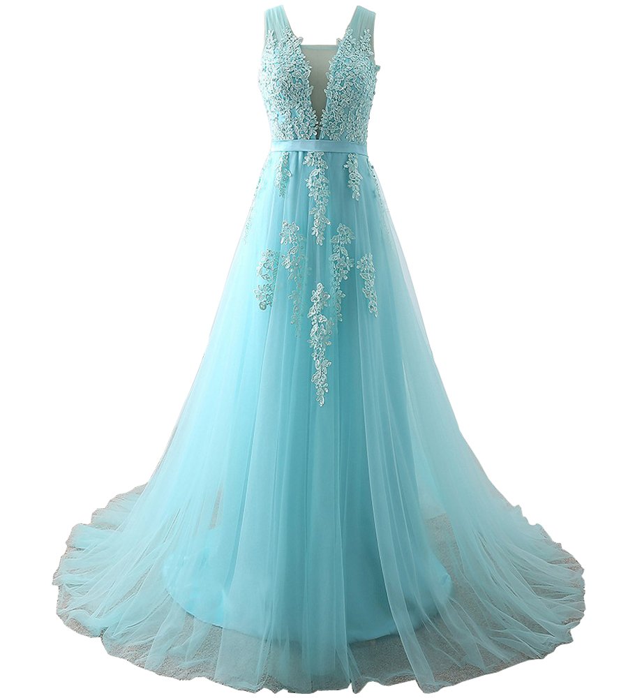 Elegant Blue V-Neck Lace & Pearl Long Prom Dress for Women - US Size 2 | Perfect for Evening Gala, Homecoming, and Formal Events