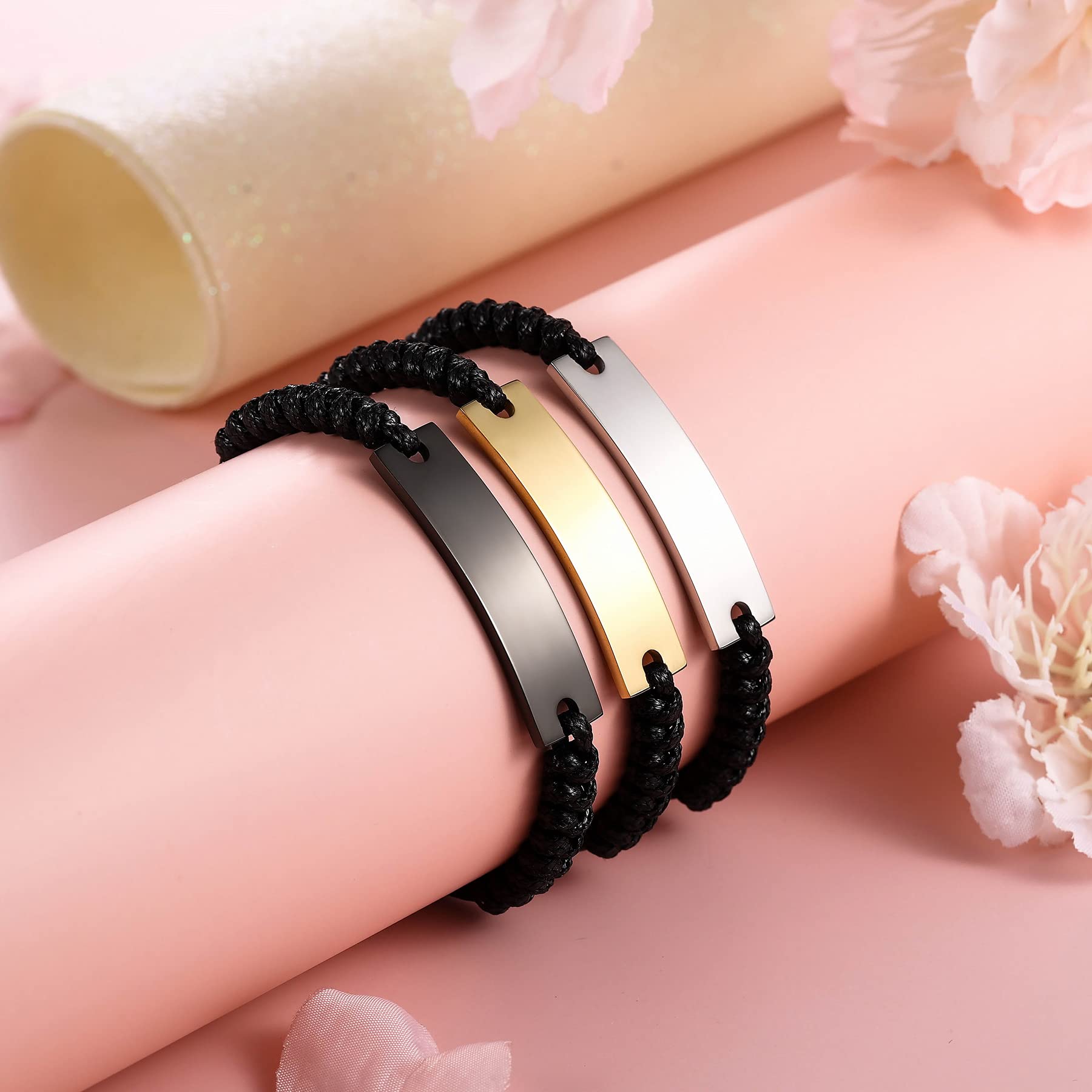 Custom Engraved Couple Bracelets for Women & Men - Personalized Stainless Steel Matching Bracelets with Adjustable Rope Chain - Romantic Anniversary Gifts for Him & Her - Perfect for Valentine's Day, Weddings & Couple Jewelry