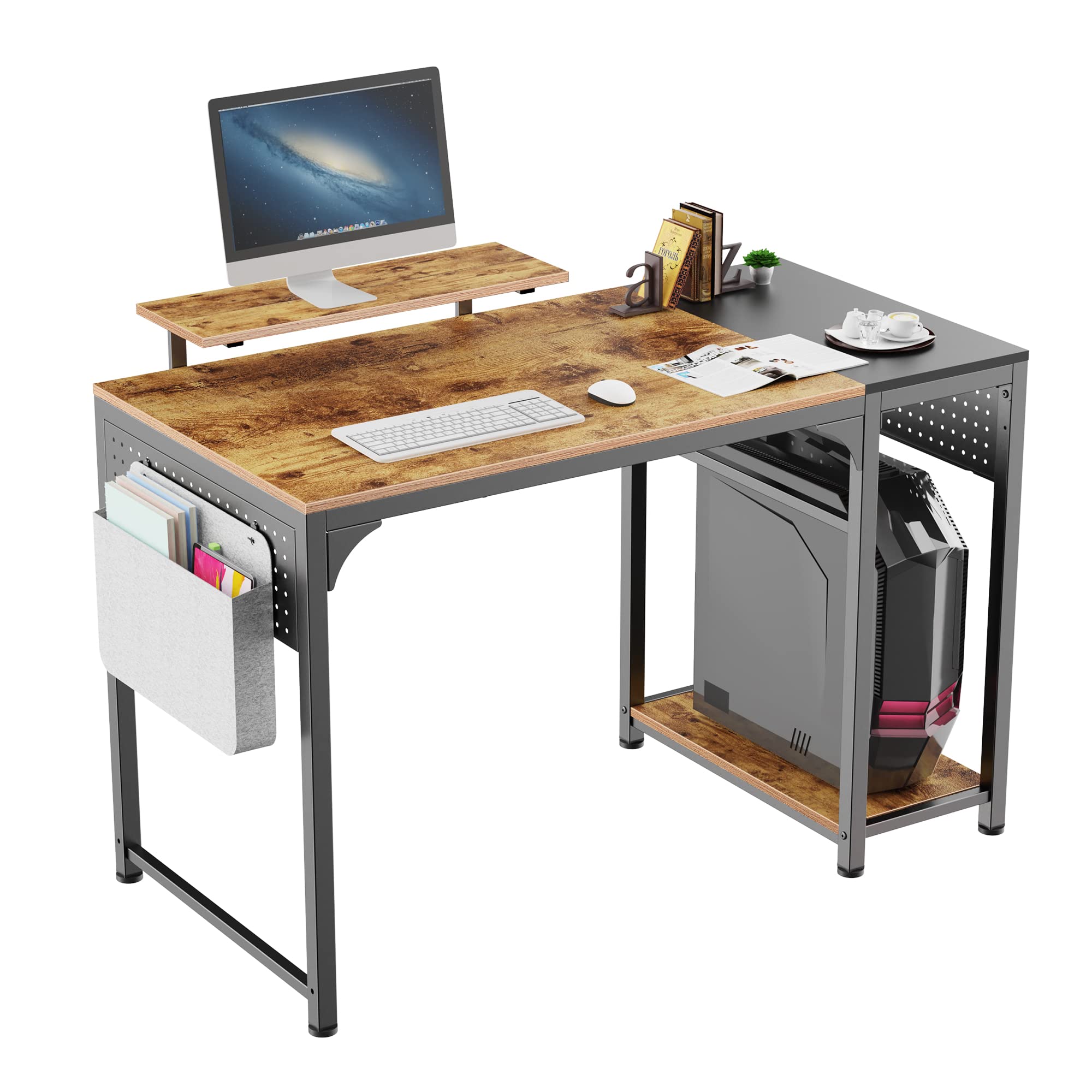 47 Inch Home Office Computer Desk with Monitor Stand & Storage Shelves - Modern Study Writing PC Gaming Desk, Large Workstation with 2 Hooks & Storage Bag - Easy Assembly, Archaic Brown - Perfect for Home Office, Gaming Setup & Small Space Workstations