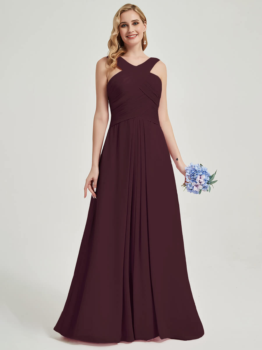 Elegant Cabernet Cross Neck A-Line Floor Length Chiffon Bridesmaid Dress for Weddings & Formal Events